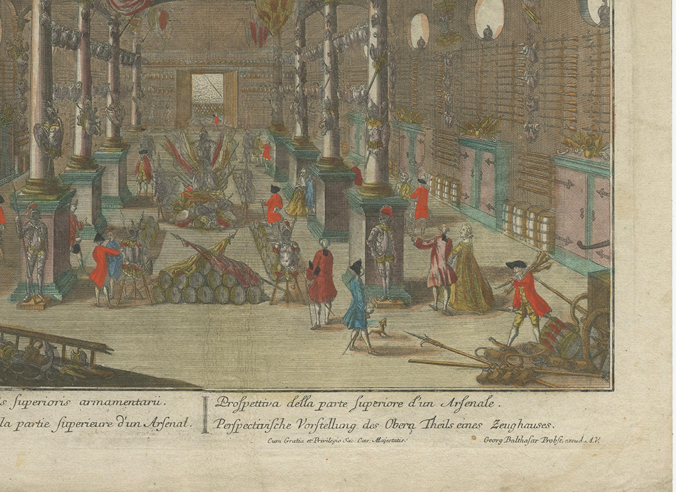 Engraved Optical Print of an Arsenal Interior – Upper Hall with Arms Display, c.1760 For Sale