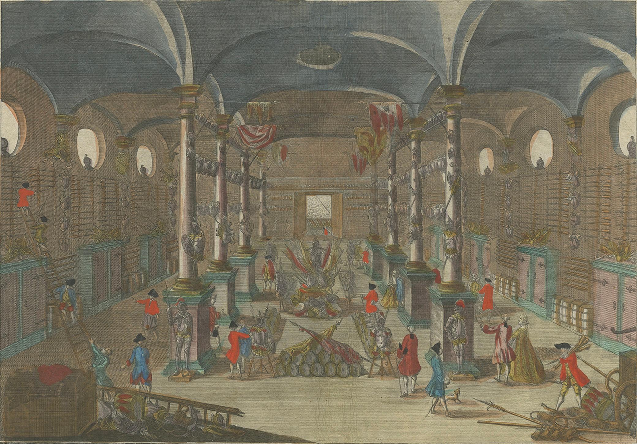 Mid-18th Century Optical Print of an Arsenal Interior – Upper Hall with Arms Display, c.1760 For Sale