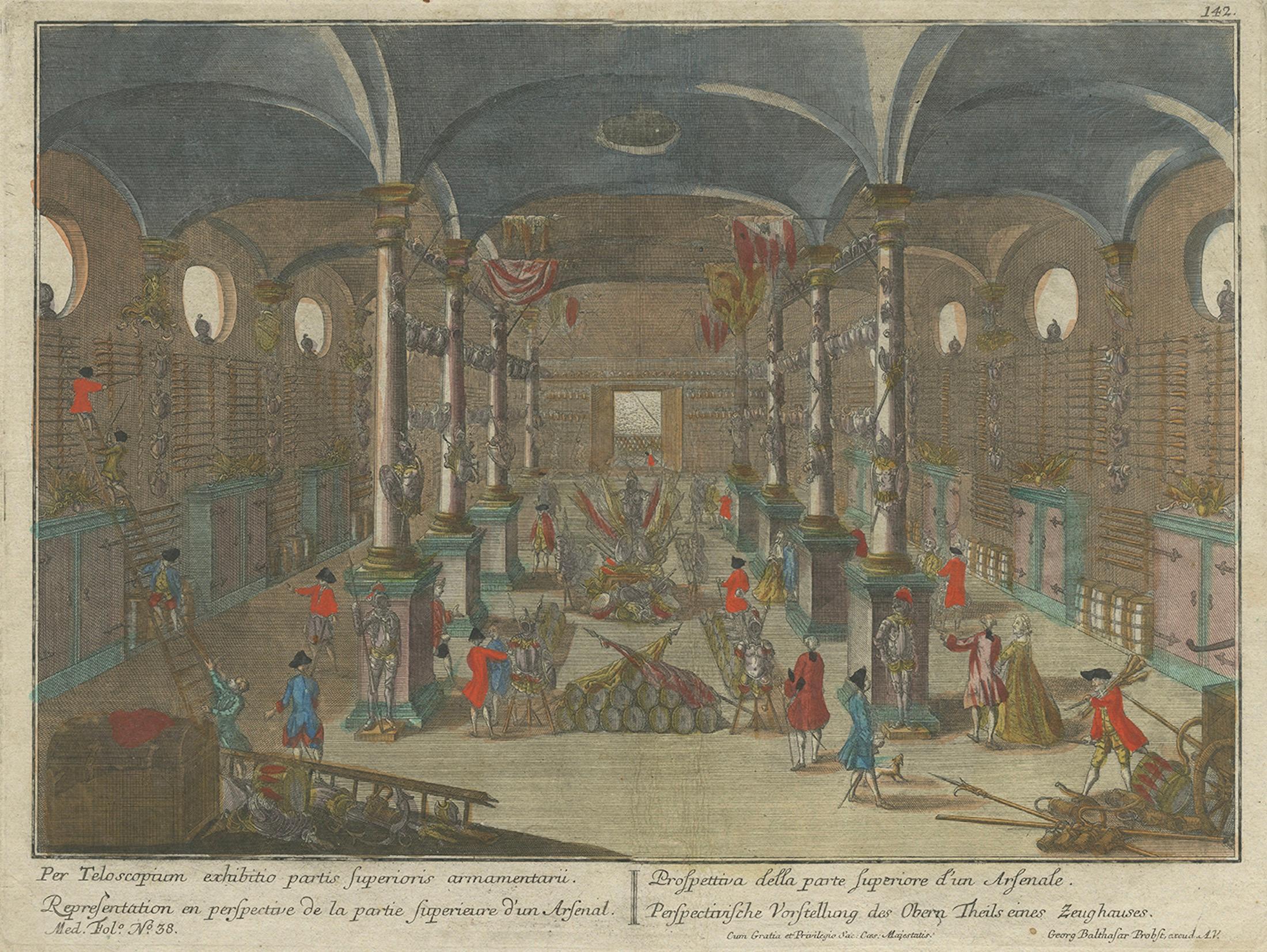 Paper Optical Print of an Arsenal Interior – Upper Hall with Arms Display, c.1760 For Sale