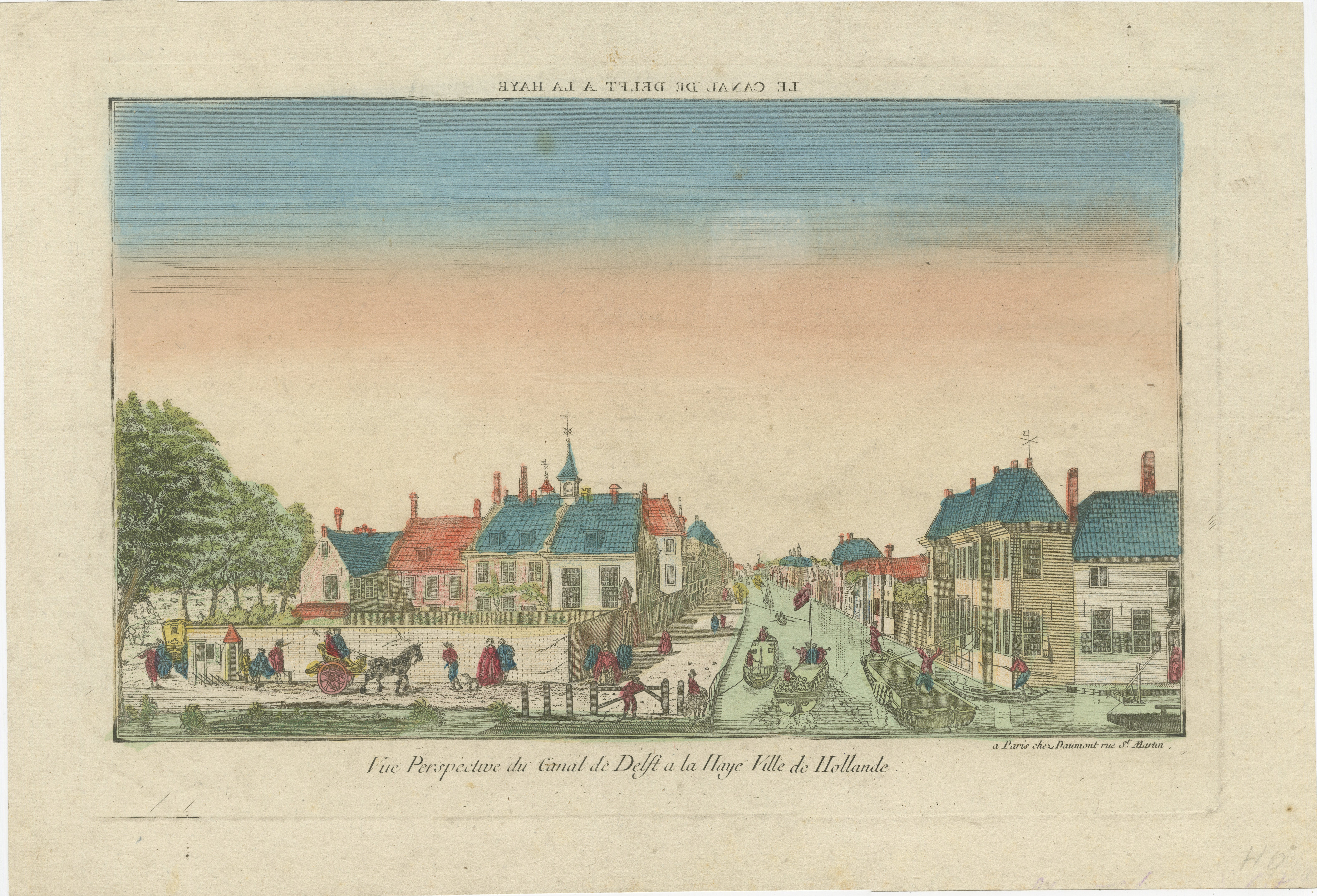 Titre : Impression optique coloriée à la main du canal de Delft, La Haye, par Jean-François Daumont, vers 1770

Cette vue optique colorée à la main, intitulée 