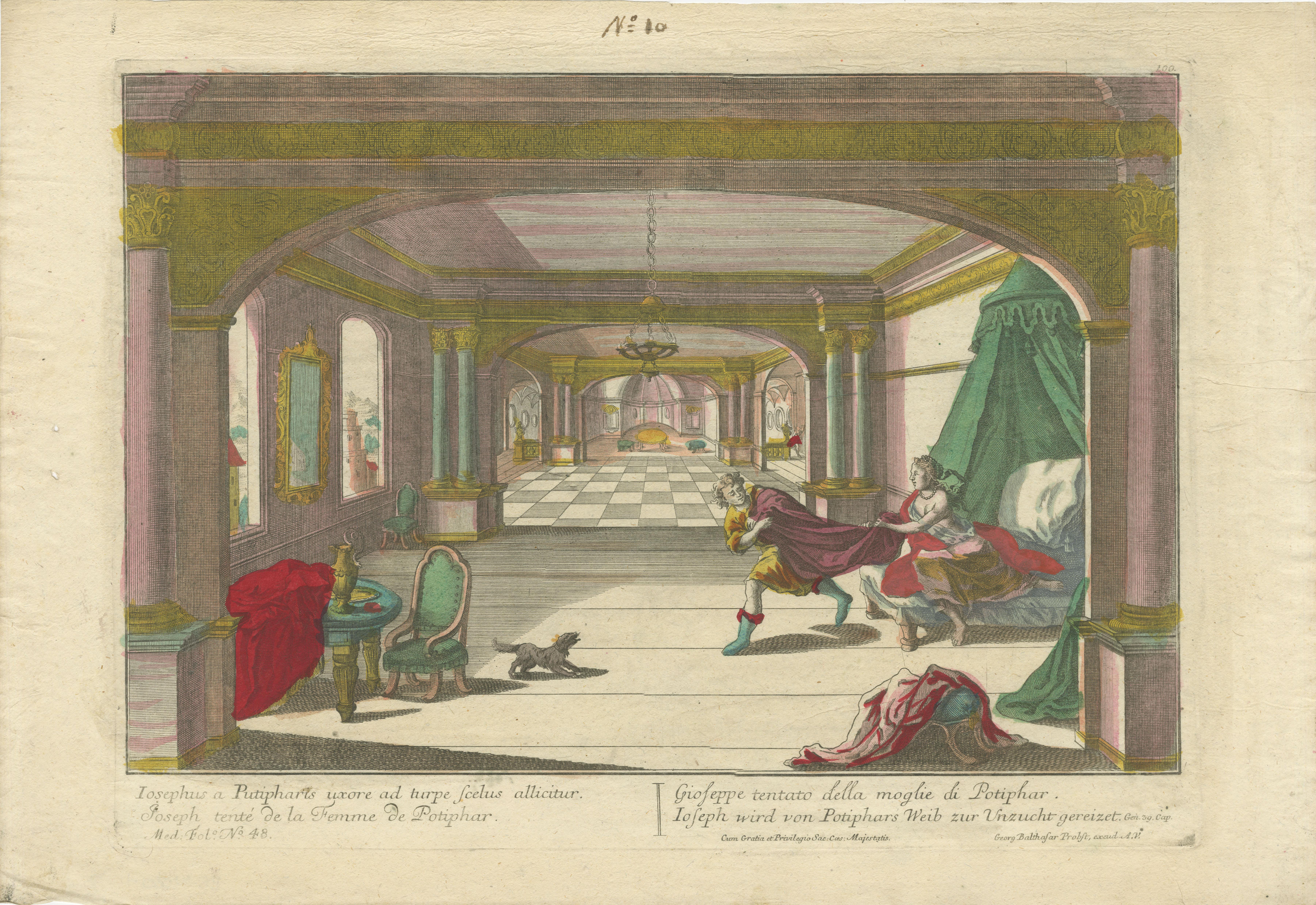 Optical Print of Joseph Tempted by Potiphar’s Wife, circa 1770 – Dramatic Hand-Colored Vue d’Optique by Probst

This dramatic hand-colored 'vue d’optique', titled 