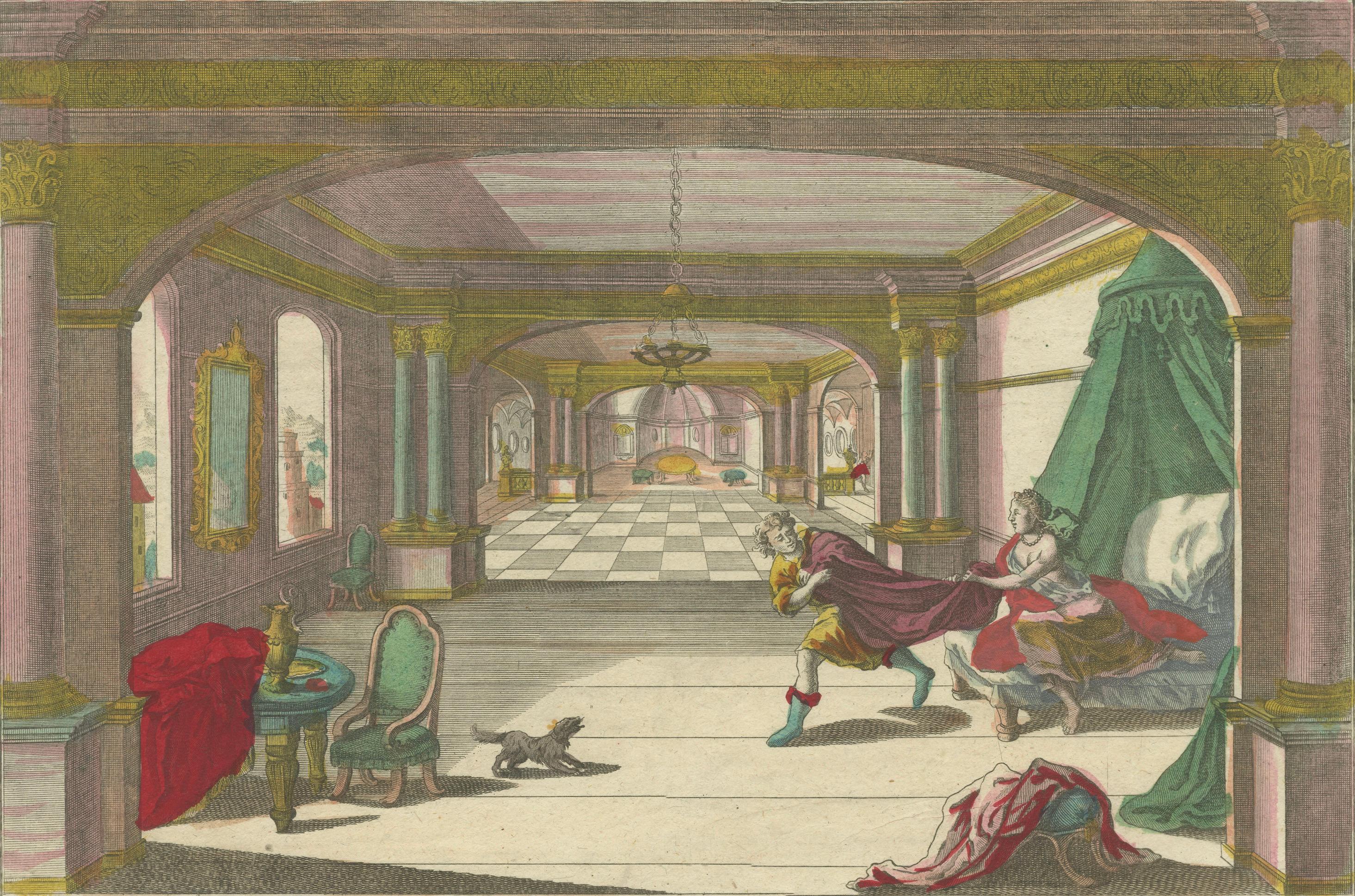 German Optical Print of Joseph Tempted by Potiphar’s Wife, 1770 – Dramatic Bible Scene For Sale