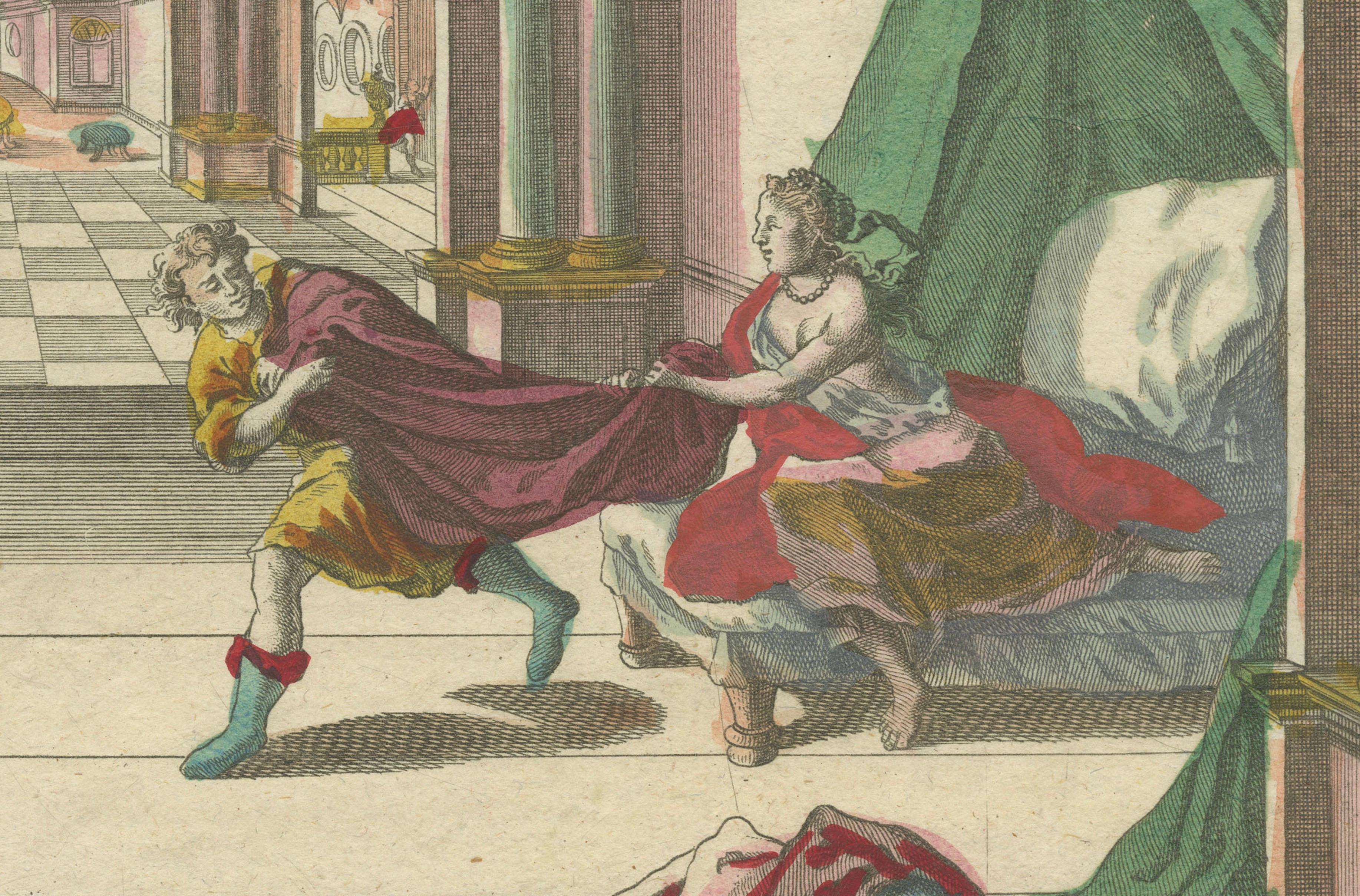 Engraved Optical Print of Joseph Tempted by Potiphar’s Wife, 1770 – Dramatic Bible Scene For Sale