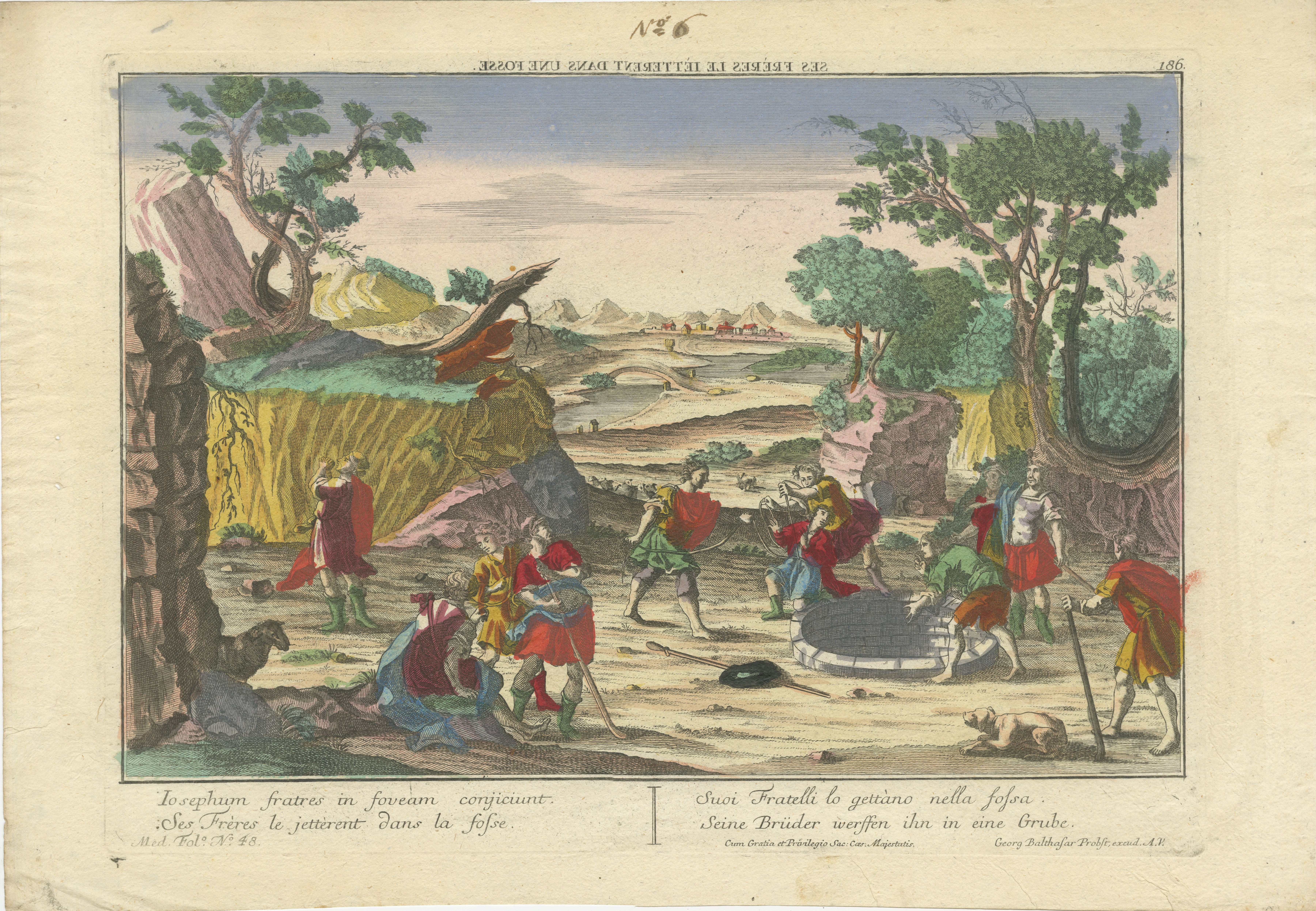 Optical Print of Joseph Thrown into the Pit by His Brothers, circa 1770 – Hand-Colored Vue d’Optique from Augsburg

This dramatic hand-colored engraving is an authentic 18th-century 'vue d’optique' print titled 