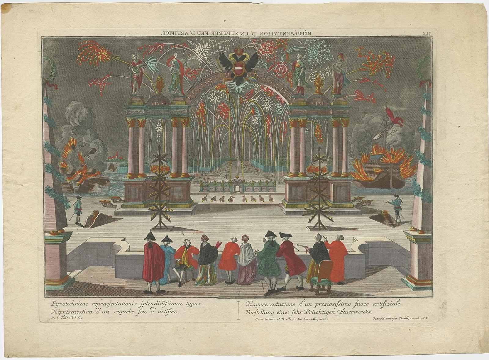Antique print titled 'Pyrotechnicae repraesentationis splendidissimae typus'. 

Optical view depicting a scene with fireworks (probably on the occasion of the coronation of the German emperor Joseph II (1741-1790) in 1765). With Latin, French,