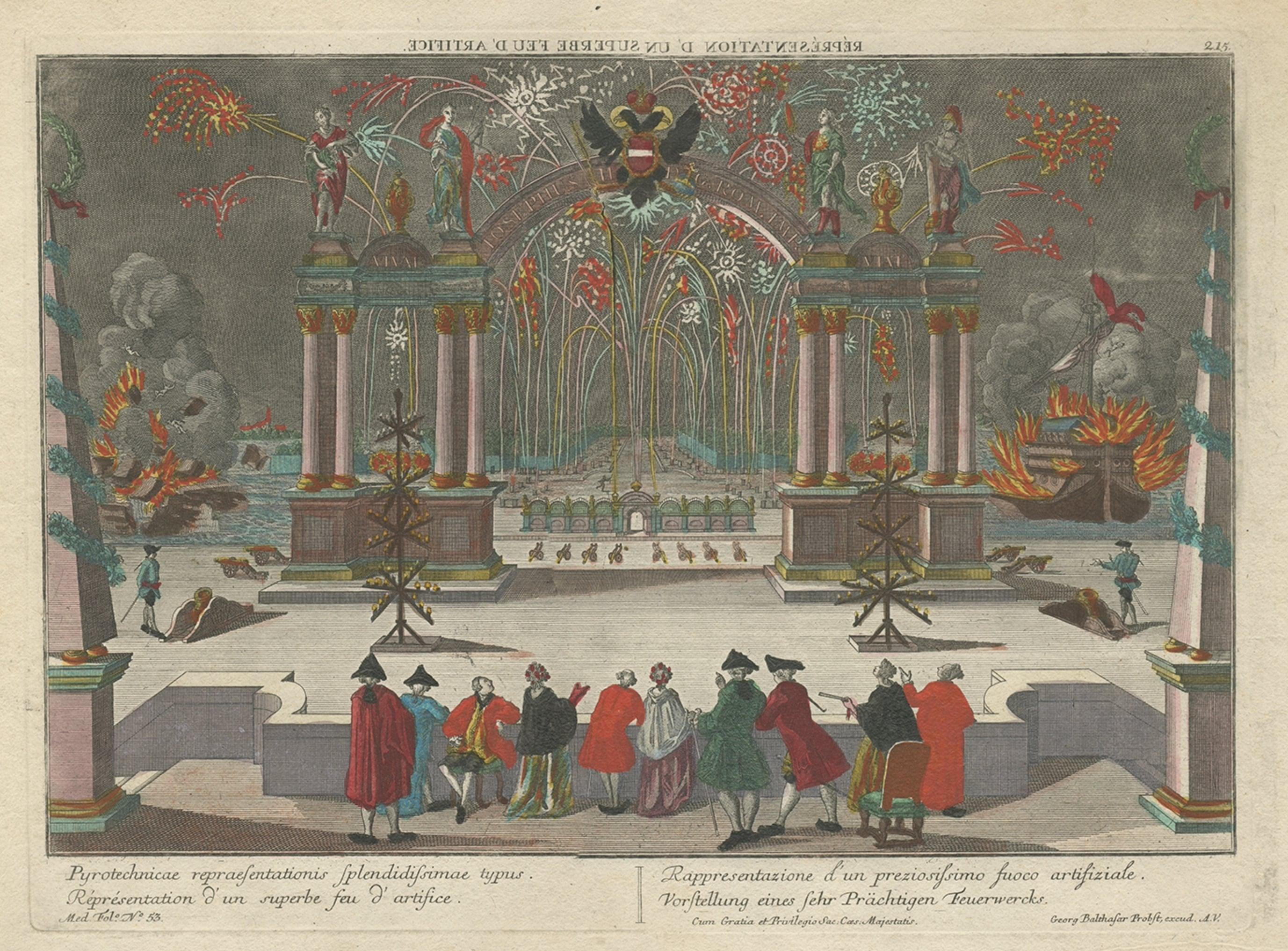 Optical View Depicting a Scene with Fireworks, Subtitled in Four Languages, 1765 In Good Condition For Sale In Langweer, NL