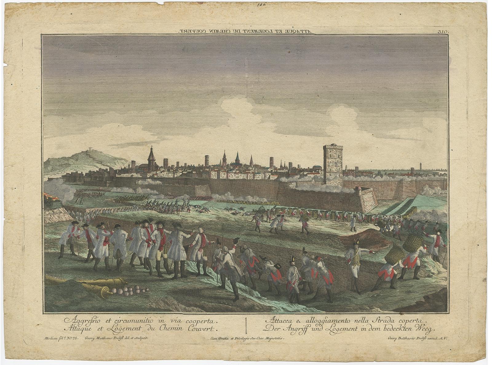 Antique print Barcelona titled 'Aggressio et Circumunitio in via cooperta'. Optical view depicting the siege of Barcelona (Spain) which took place between 25 July 1713 and 11 September 1714. With Latin, French, Italian and German caption.

Artists