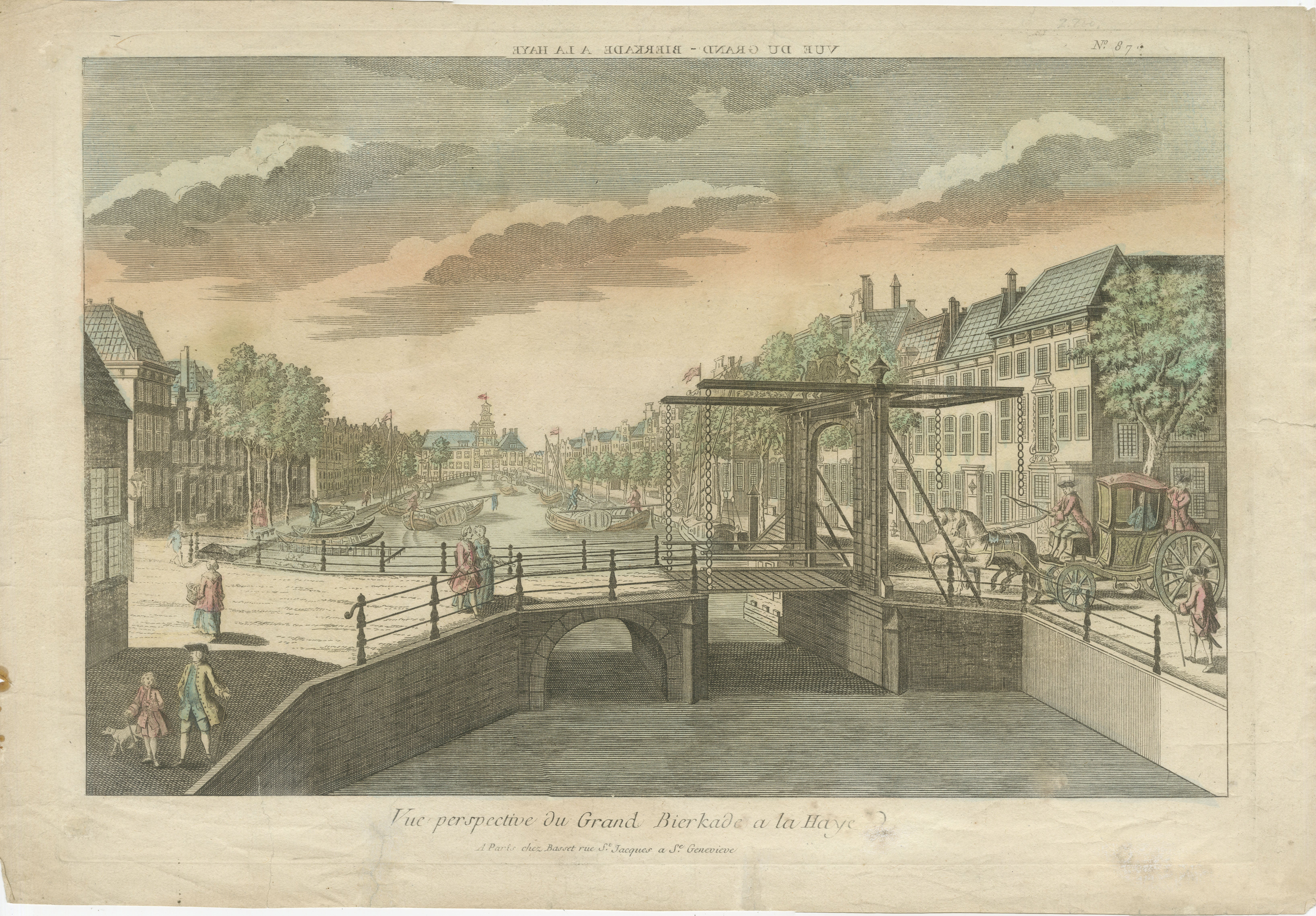 Titre : Vue optique coloriée à la main de la Grand Bierkade, La Haye, par Jacques Chereau, vers 1750

Cette estampe optique intitulée 