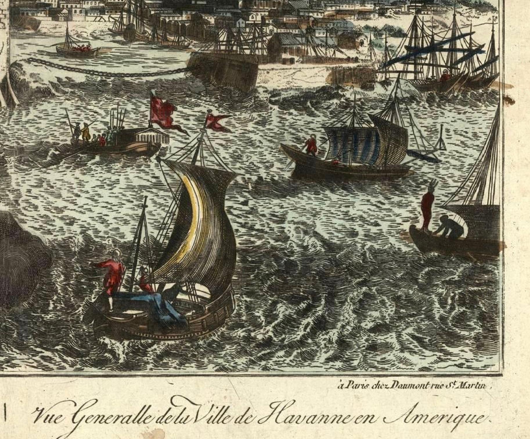 Vista Óptica de La Habana, Cuba: Vista general de la ciudad desde el mar, ca. 1770 Grabado en venta