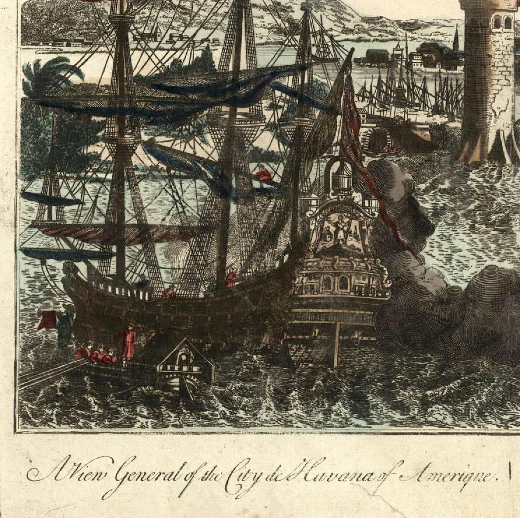 Vista Óptica de La Habana, Cuba: Vista general de la ciudad desde el mar, ca. 1770 en Bueno estado para la venta en Langweer, NL