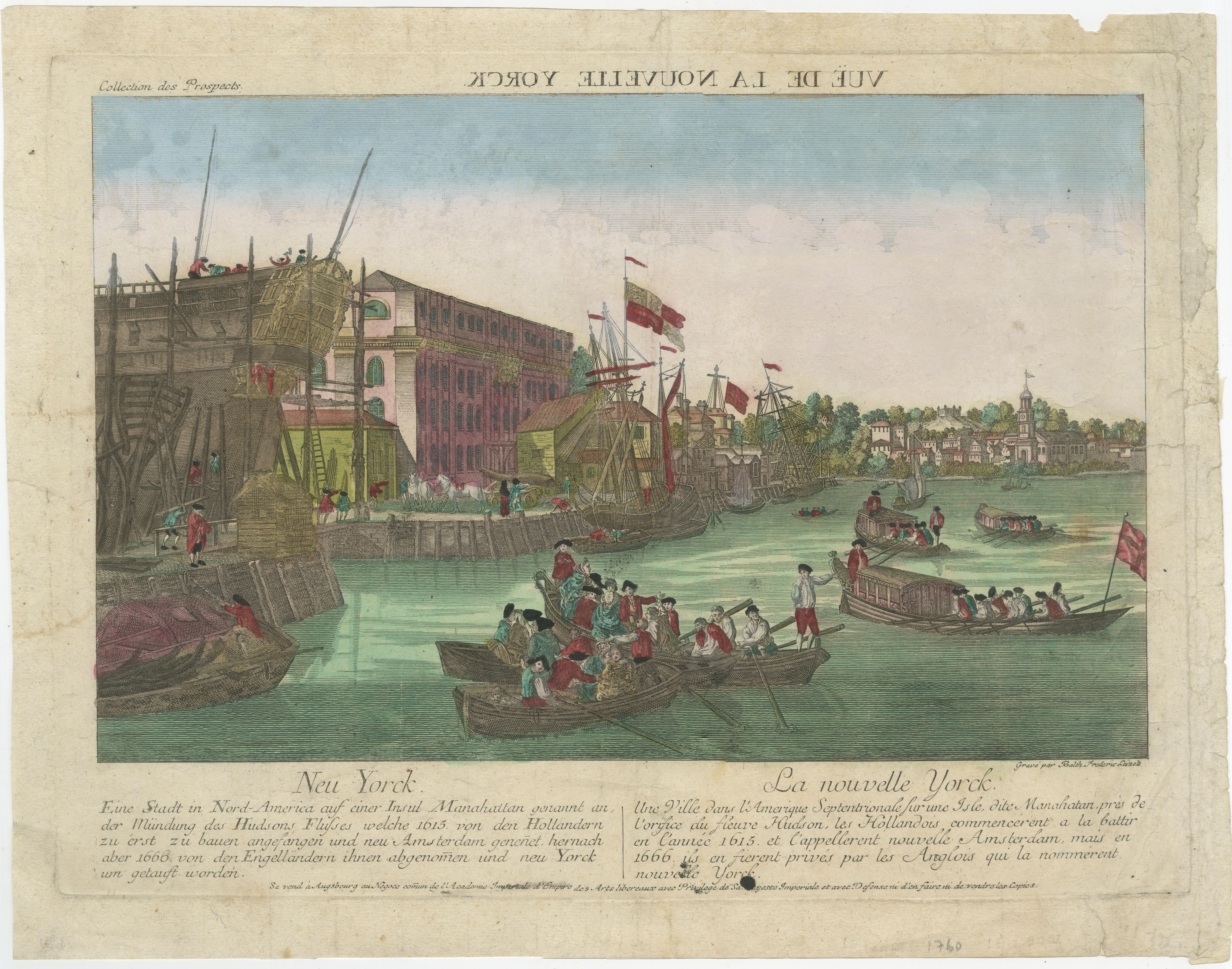 Optical View of New York City Manhattan Harbor Hand-Colored Augsburg - ca.1775