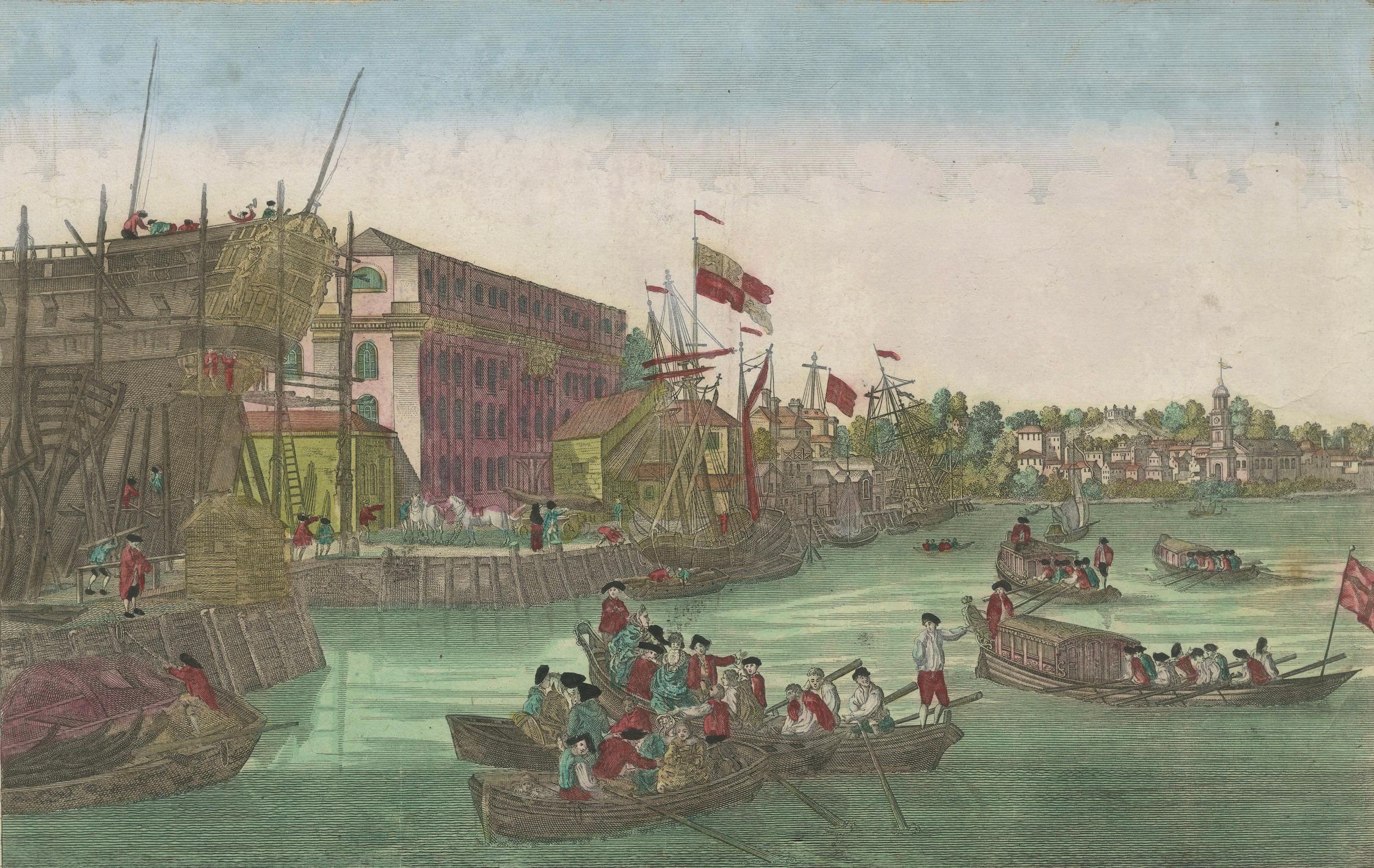 Optical View of New York City Manhattan Harbor Hand-Colored Augsburg - ca.1775
