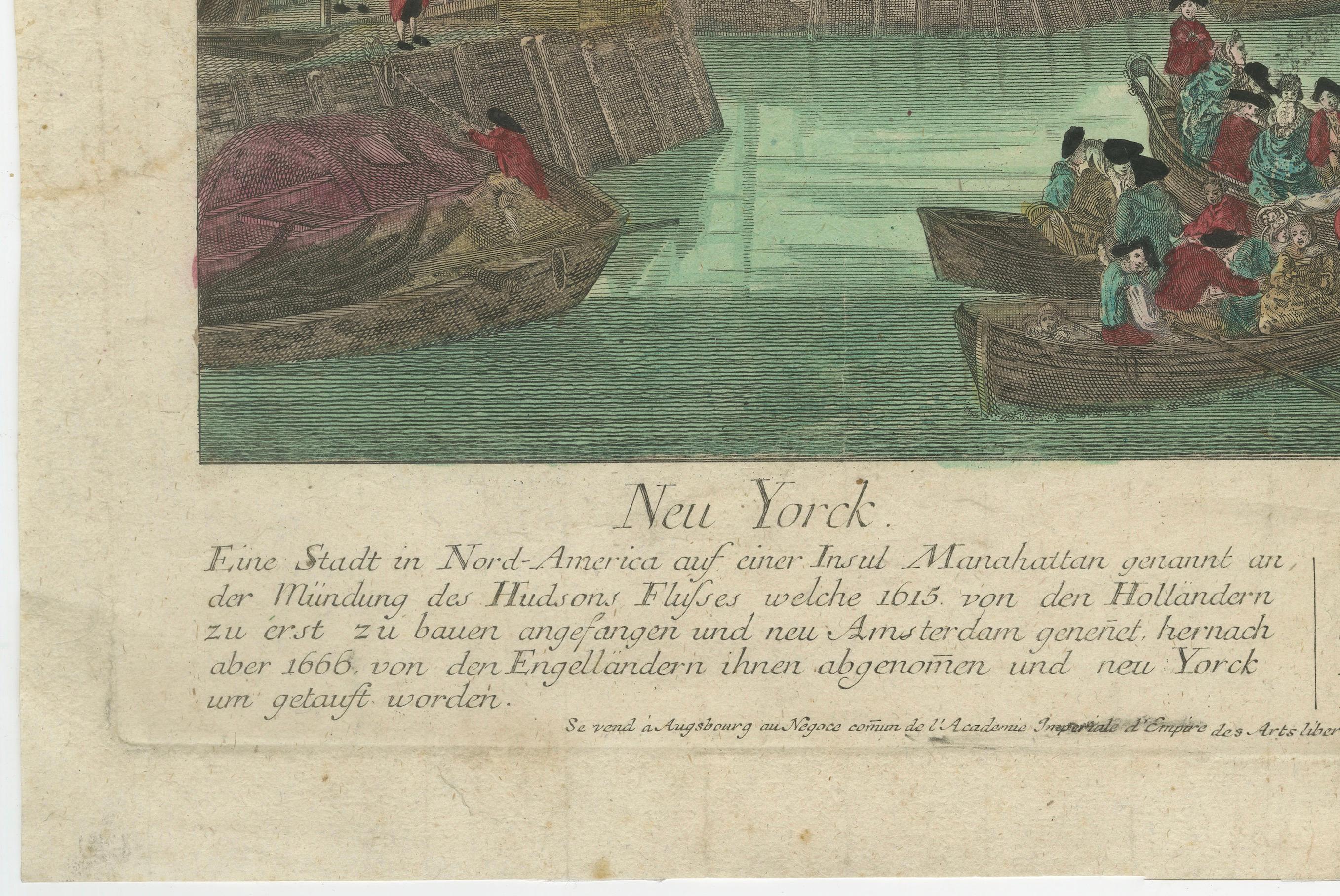 Optical View of New York City Manhattan Harbor Hand-Colored Augsburg - ca.1775