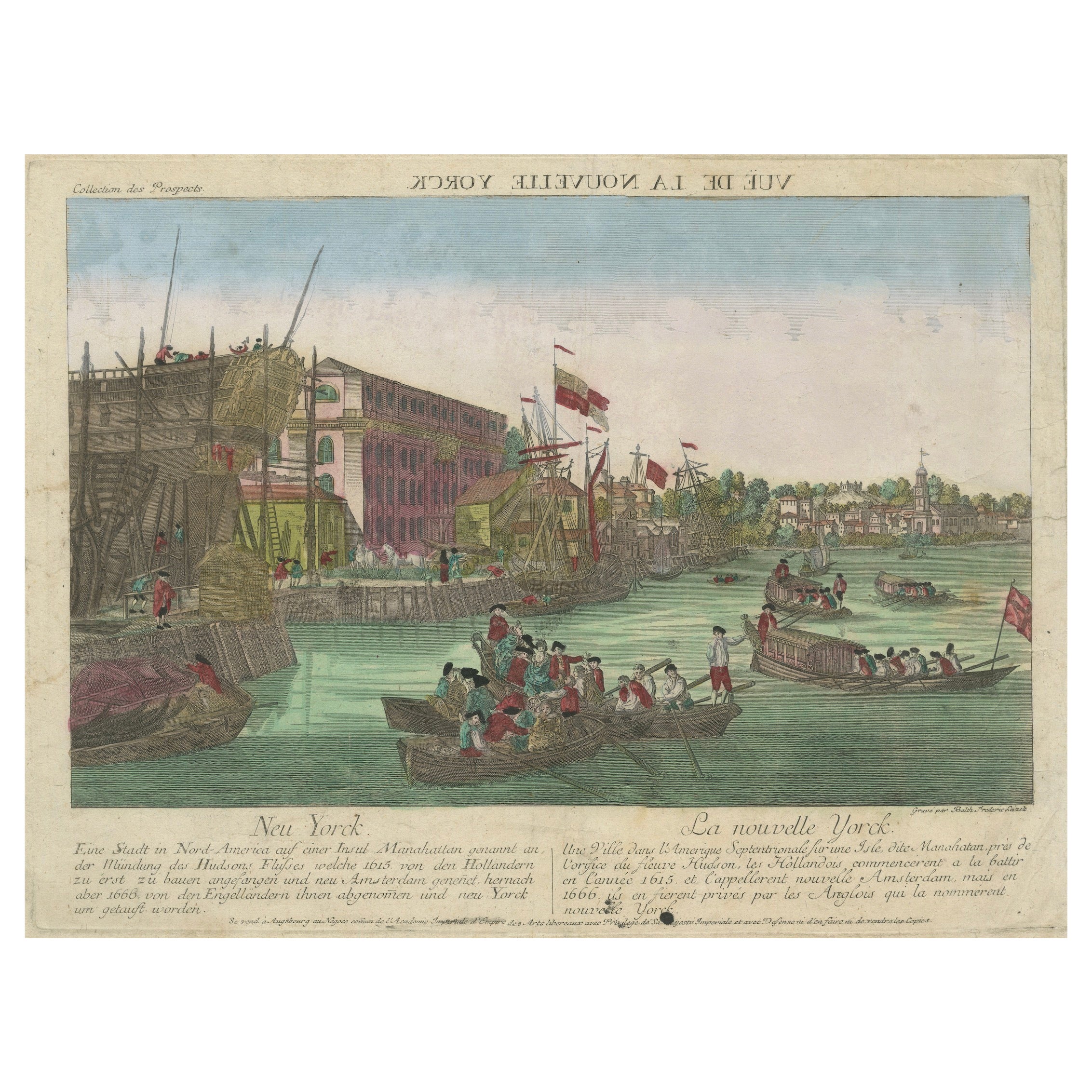 Optische Ansicht von New York City Manhattan Harbor Handkoloriert Augsburg - ca.1775 im Angebot