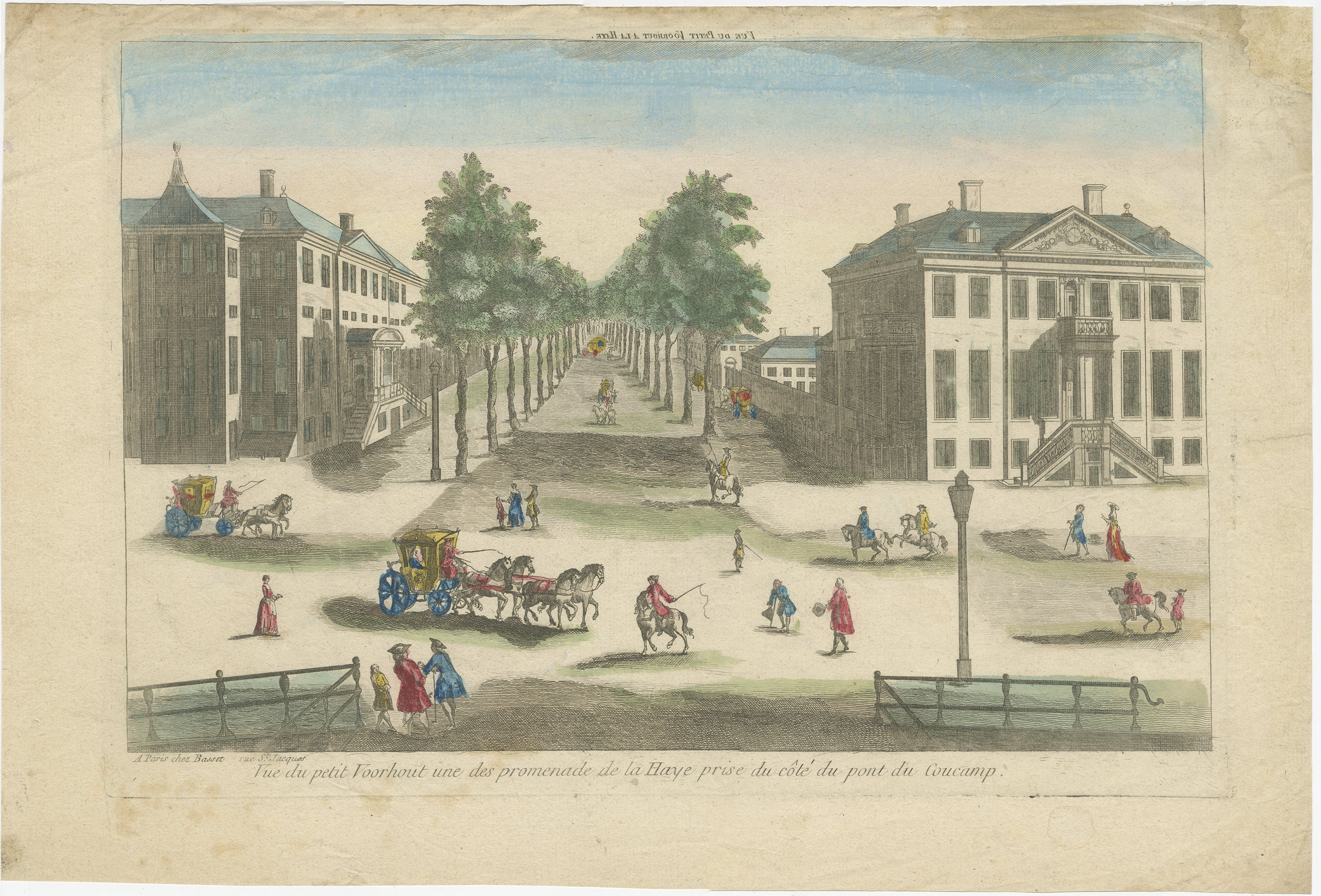 Optica View The Hague Petit Voorhout Promenade, Basset c.1770

Il s'agit d'une estampe optique finement gravée et colorée à la main intitulée *Vue du petit Voorhout une des promenades de la Haye prise du côté du pont du Tourcamp*, publiée par