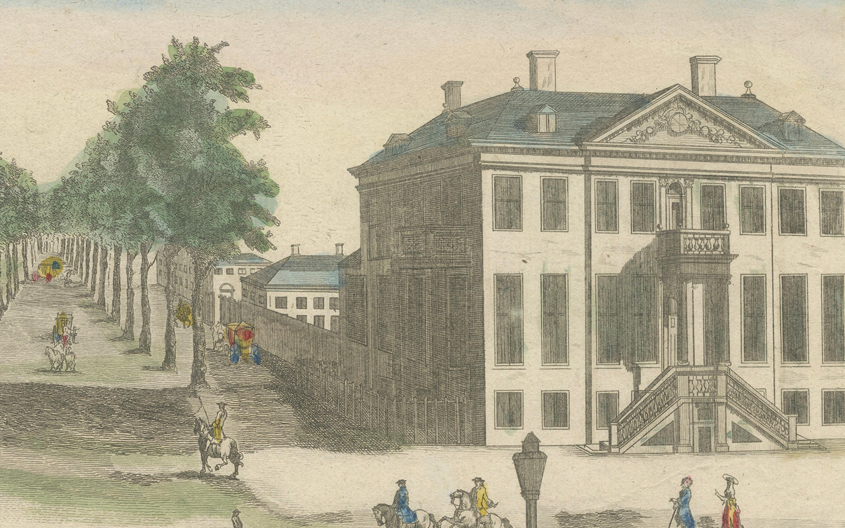 Gravé Vue optique de la promenade du Petit Voorhout à La Haye - Basset c.1770 en vente