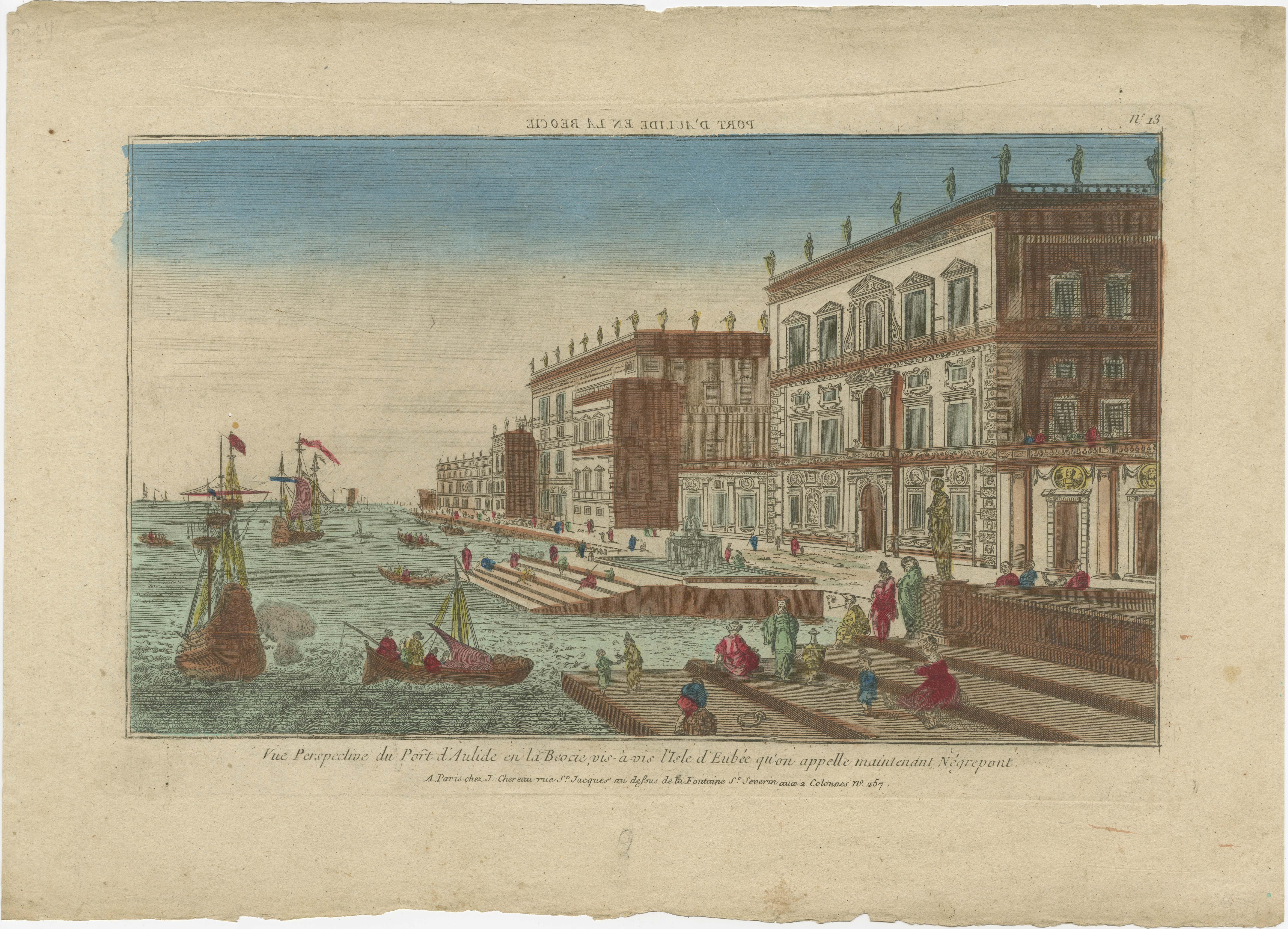 18th Century Optical View of the Port of Boeotia Near the Island of Evvia, Greece For Sale