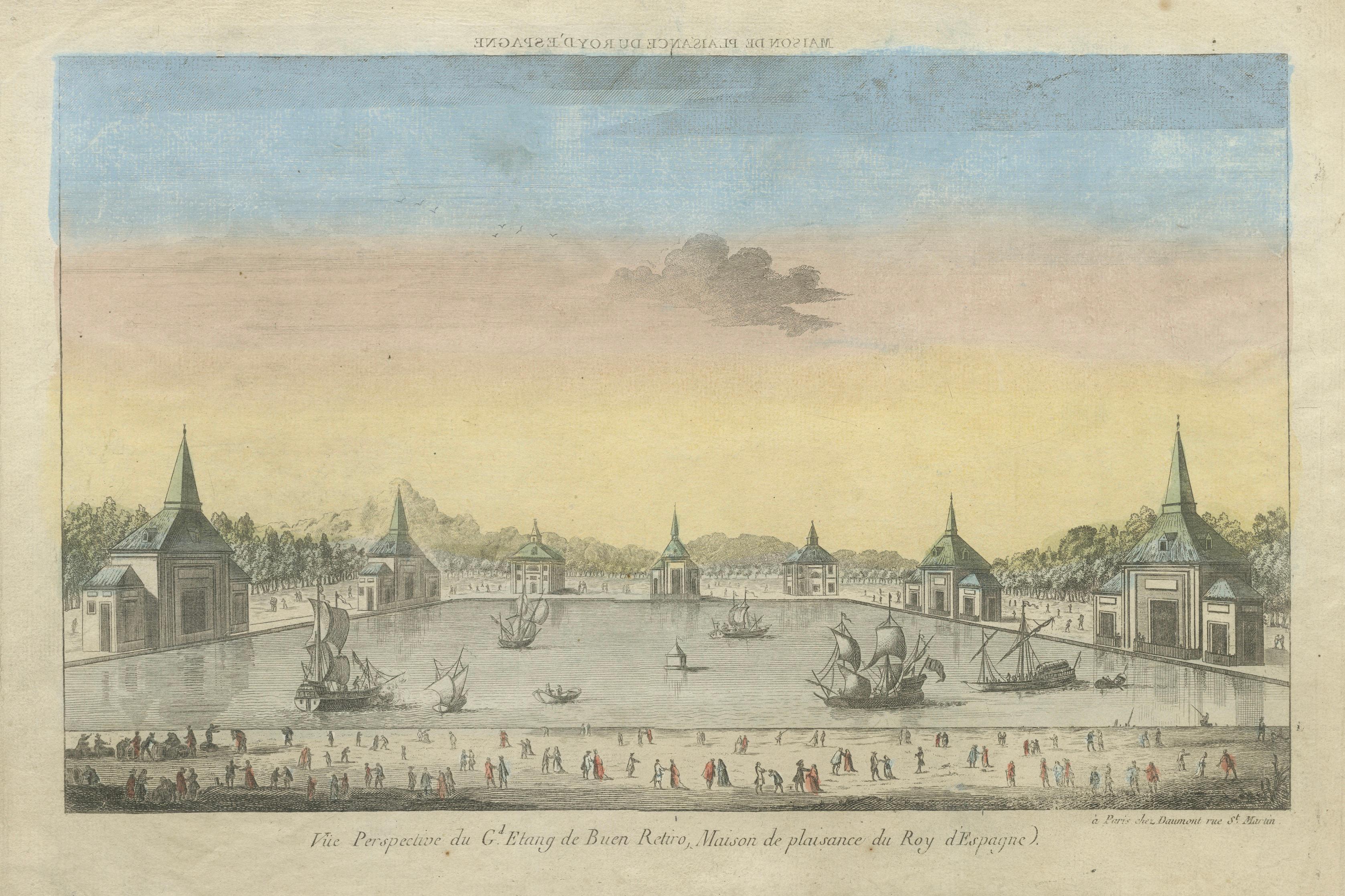 Vue Perspective du Grand Étang de Buen Retiro – Optical View of the Spanish Royal Retreat, Daumont, Paris circa 1770

This antique hand-colored optical print, titled 'Vue Perspective du Grand Étang de Buen Retiro, Maison de Plaisance du Roy