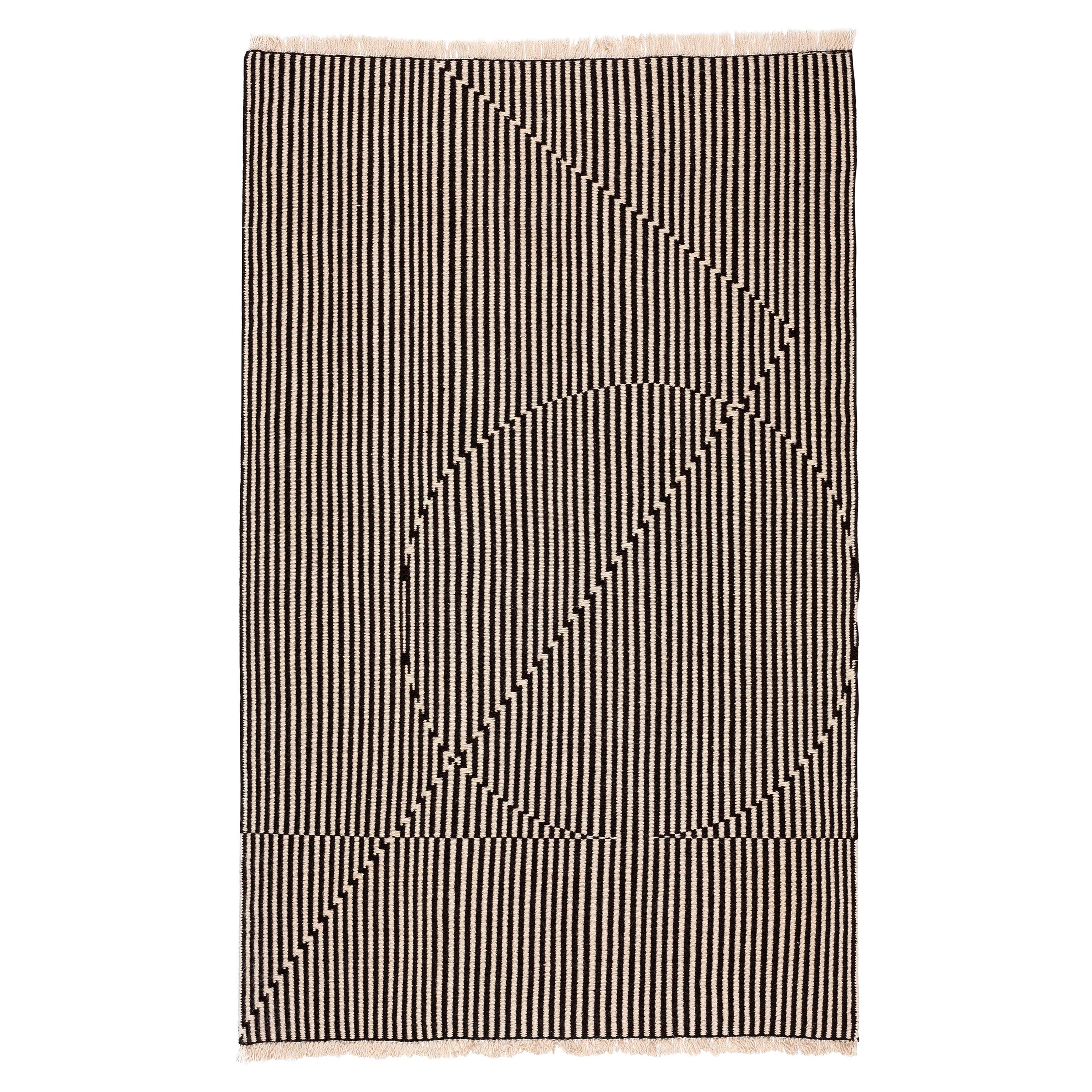 Opticals Area Rug Object Handwoven Wool in Black and White For Sale