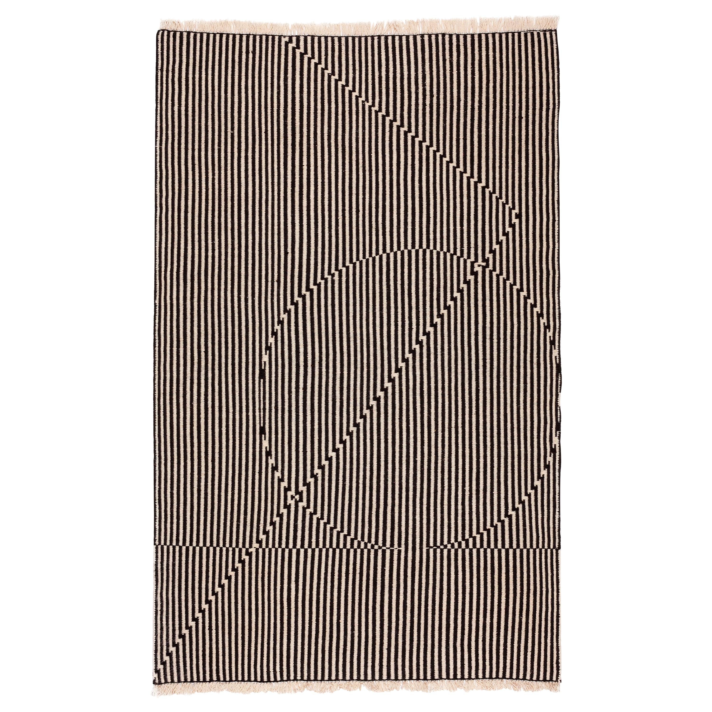 Opticals Area Rug Object Handwoven Wool in Black and White in Stock