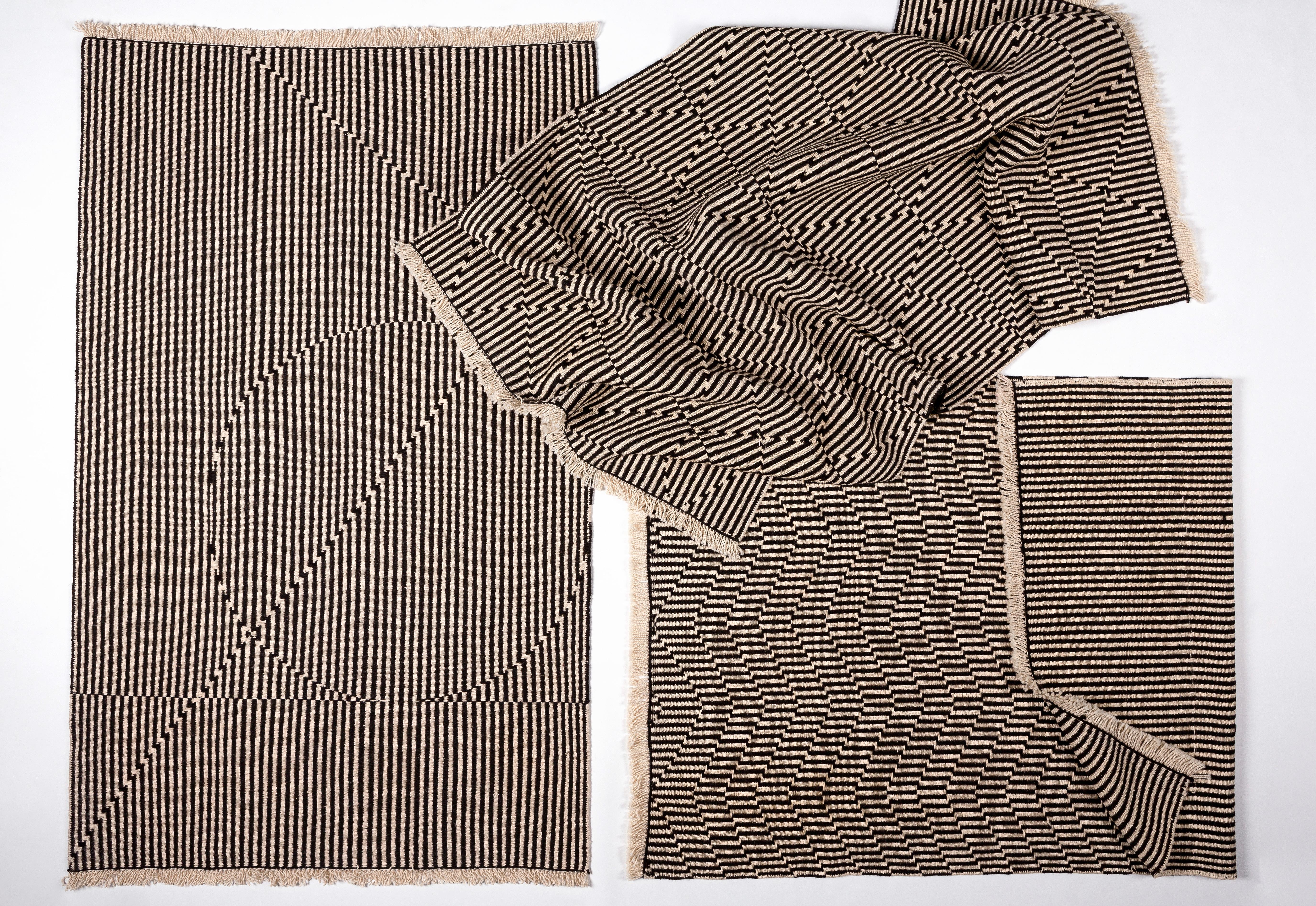 Modern Opticals Area Rug Stream Handwoven Wool in Black and White in Stock
