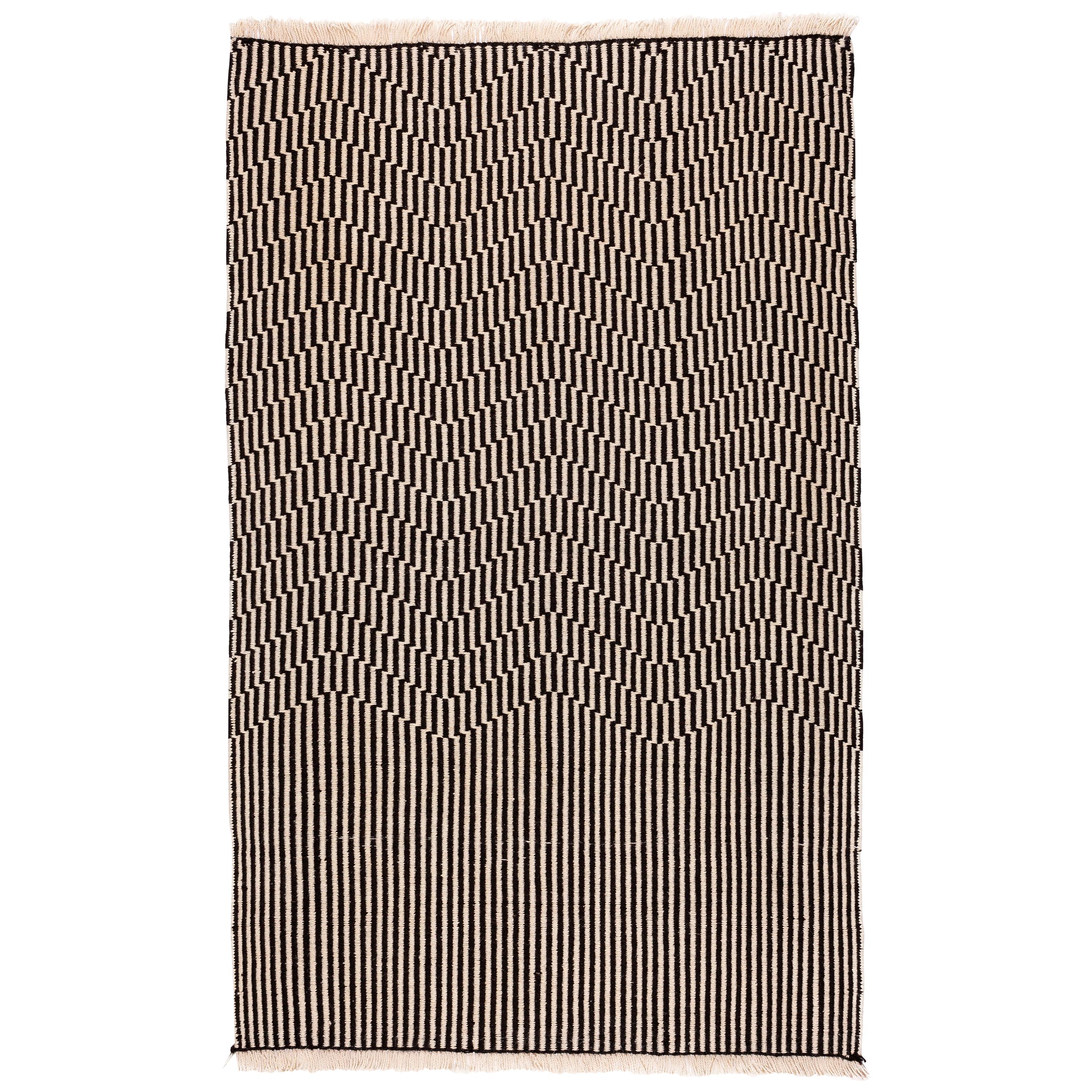 Opticals Area Rug Stream Handwoven Wool in Black and White in Stock