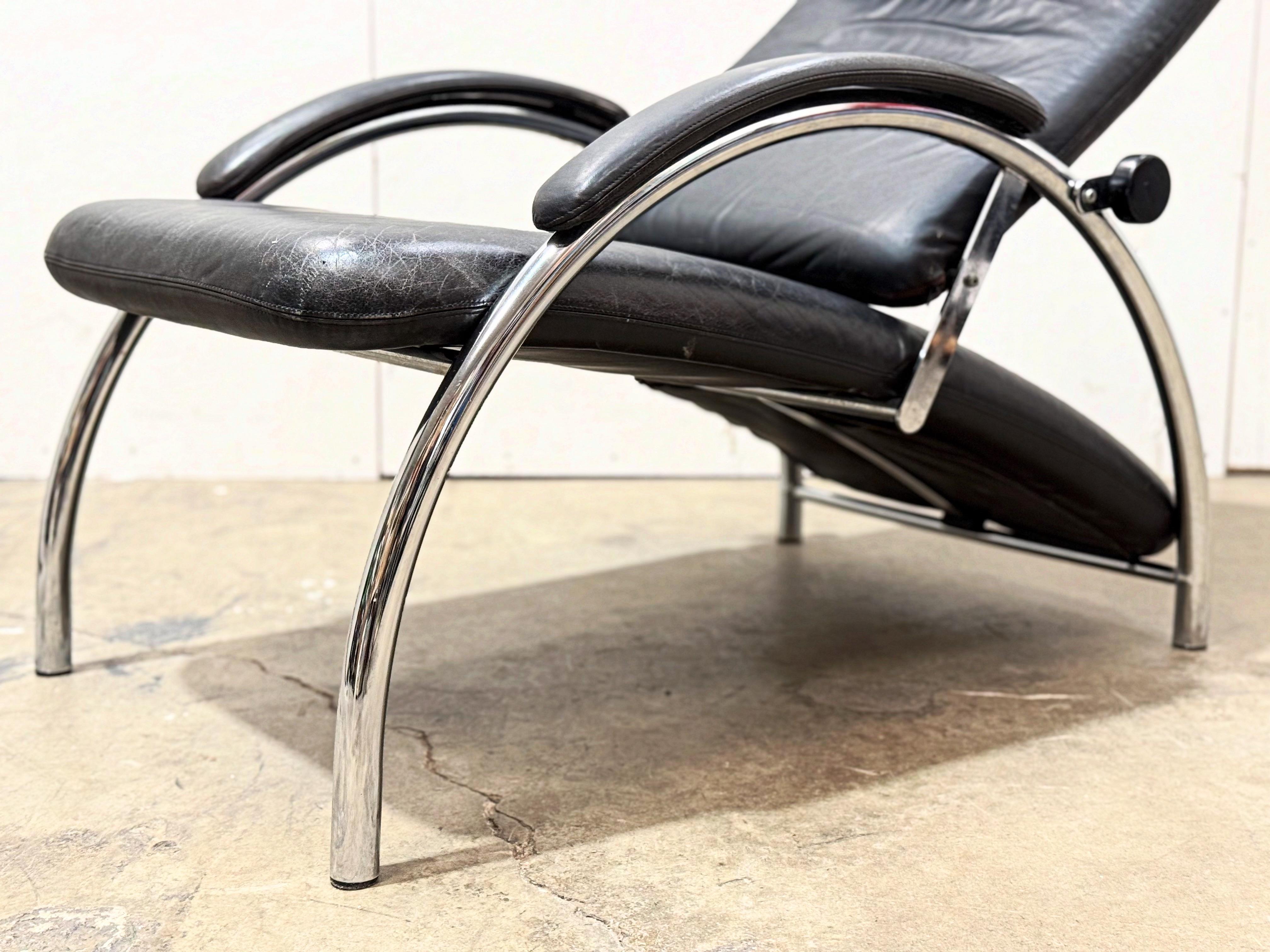Optima Reclining Lounge Chair by Ingmar + Knut Relling - Black Leather + Chrome In Good Condition In Decatur, GA