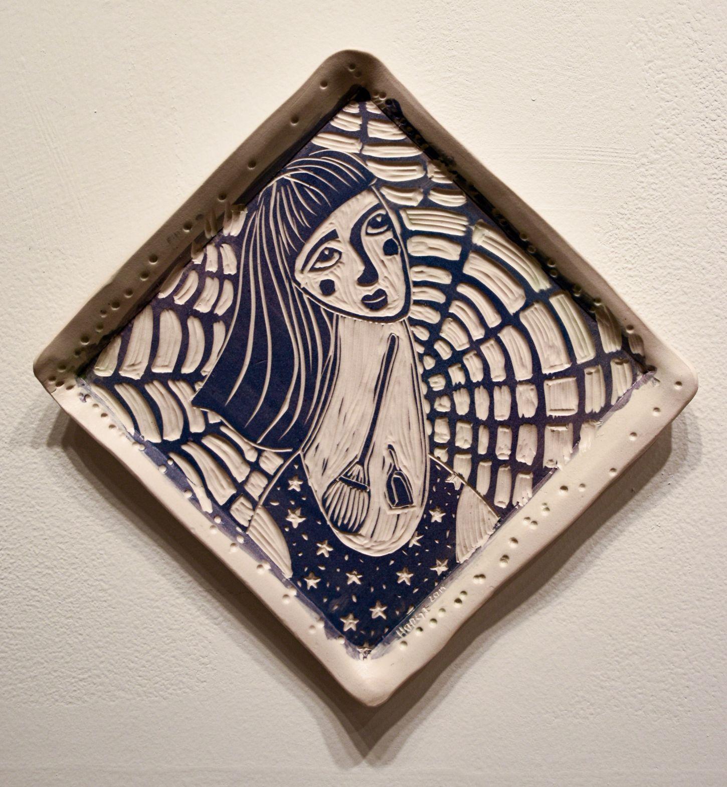 Optional Omniscience, 2019 by Alex Hodge
Carved porcelain
Height: 10 in x Width: 10 in x Depth: 0.5 in 
Unique

Her poetic porcelain plates examine and reimagine the history of art in a way that values women, not only in body, but in wholeness,