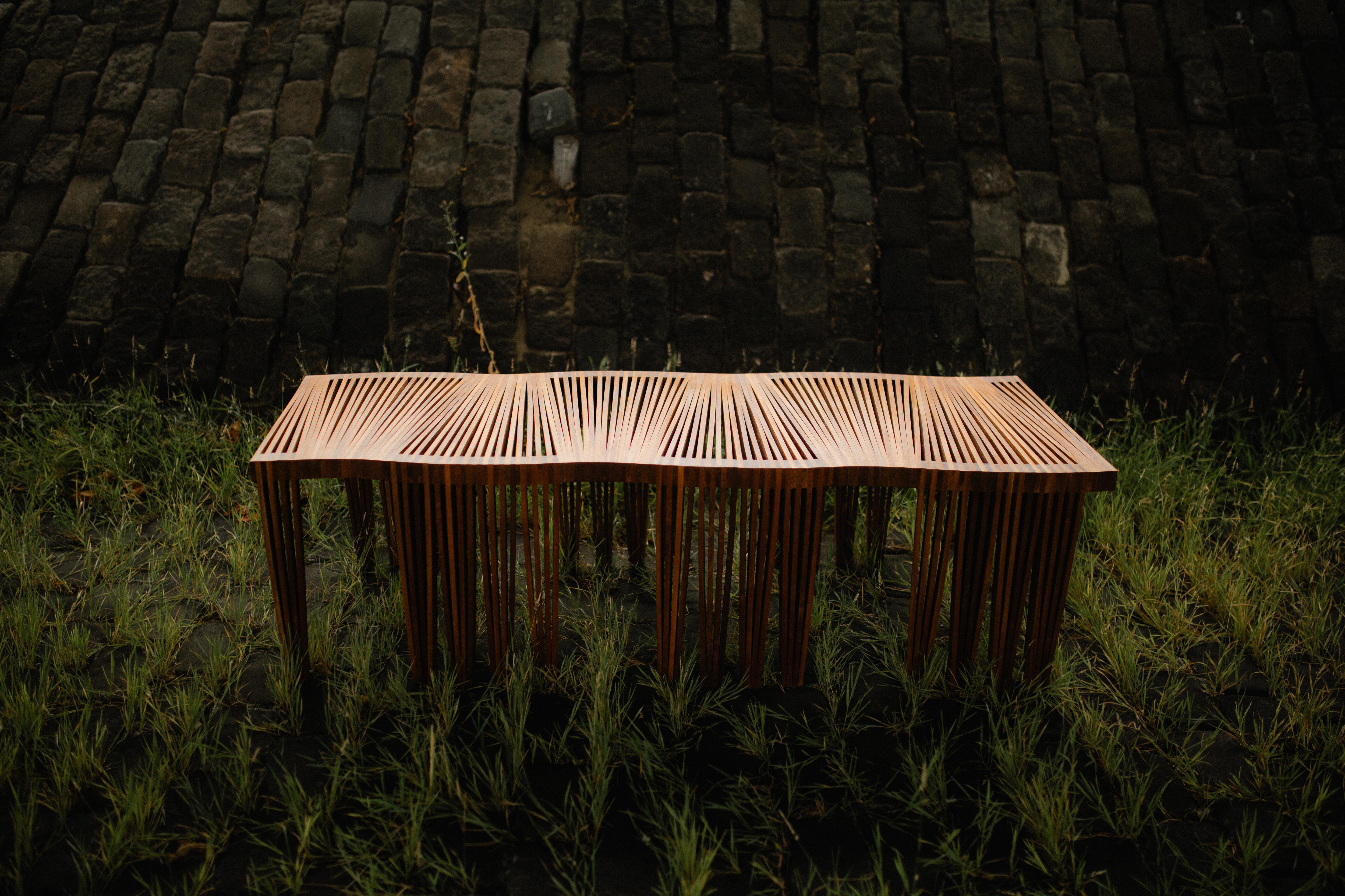 The Optique Coffee table is built up out of many smaller strips of wood put together like a puzzle to create one solid piece of functional art. This design, inspired by the branches of trees in a jungle creates the illusion of movement or of being
