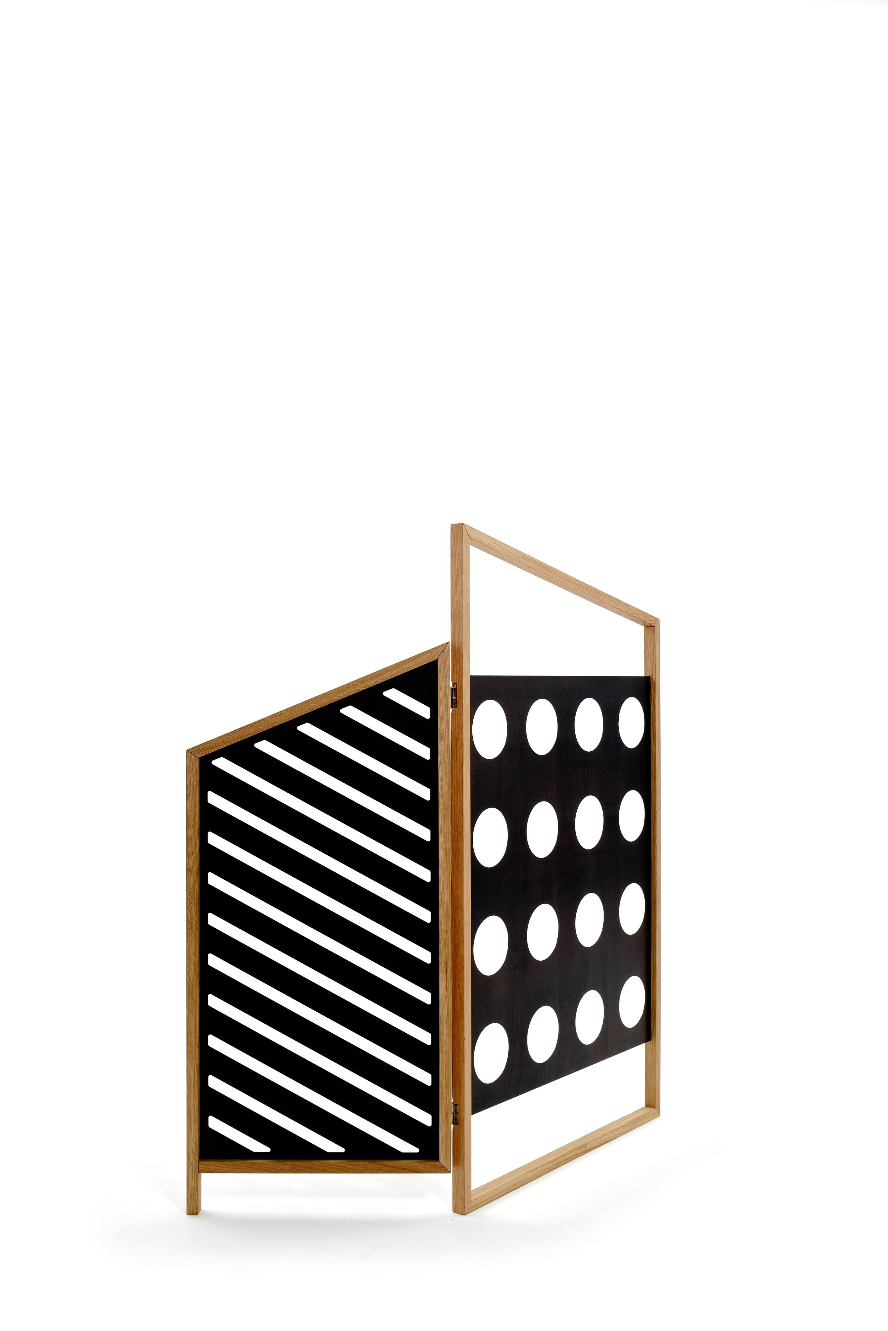 Italian Opto Folding Screen Bauhaus Optical Mood, Oak Frame and Metal Black Panels For Sale