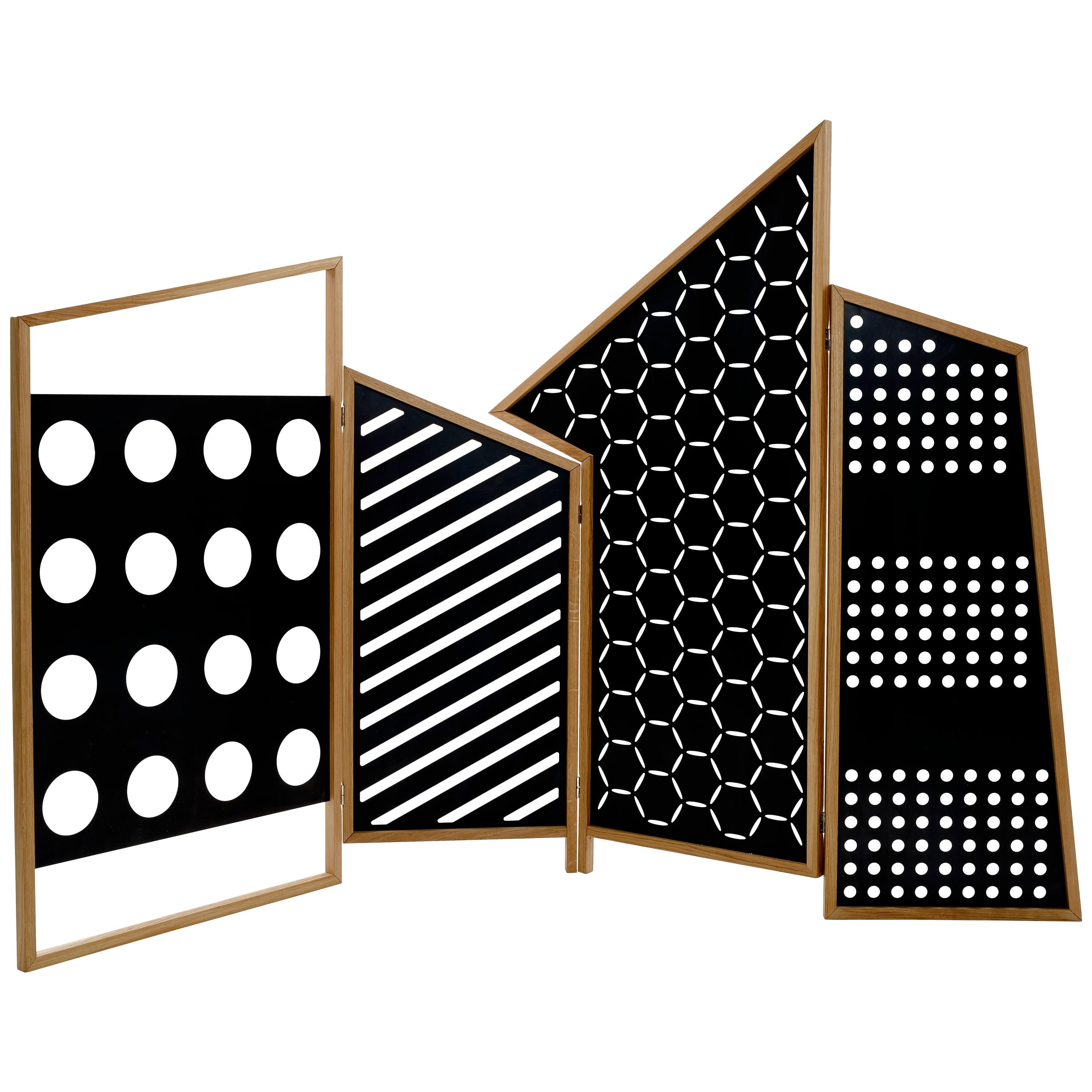 Opto Folding Screen, Oak Frame and Black Corten Panels Minimalist Bauhaus Mood