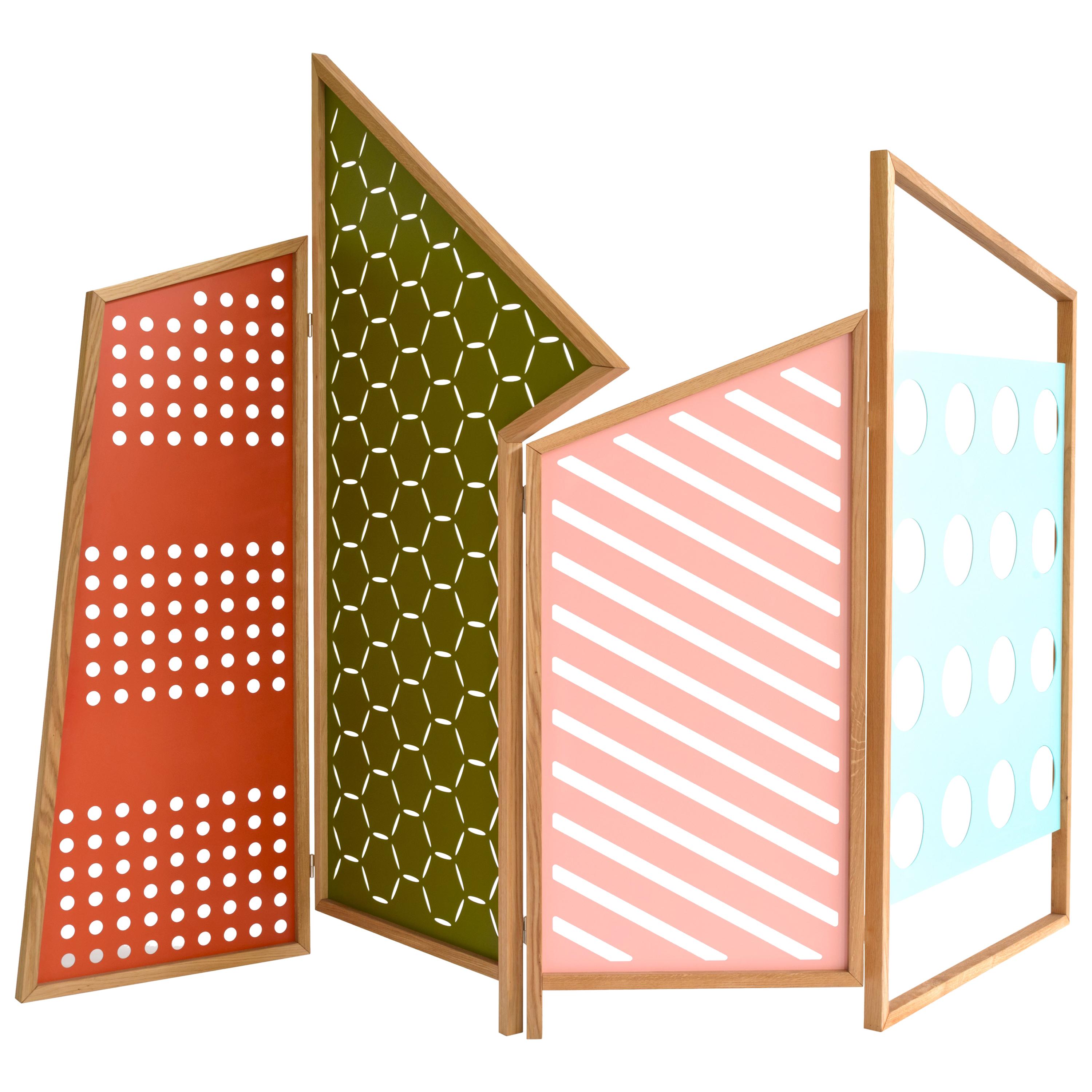 Opto, Minimalist Folding Screen, Oak Frame, Orange, Green, Rose, Azure Panels For Sale