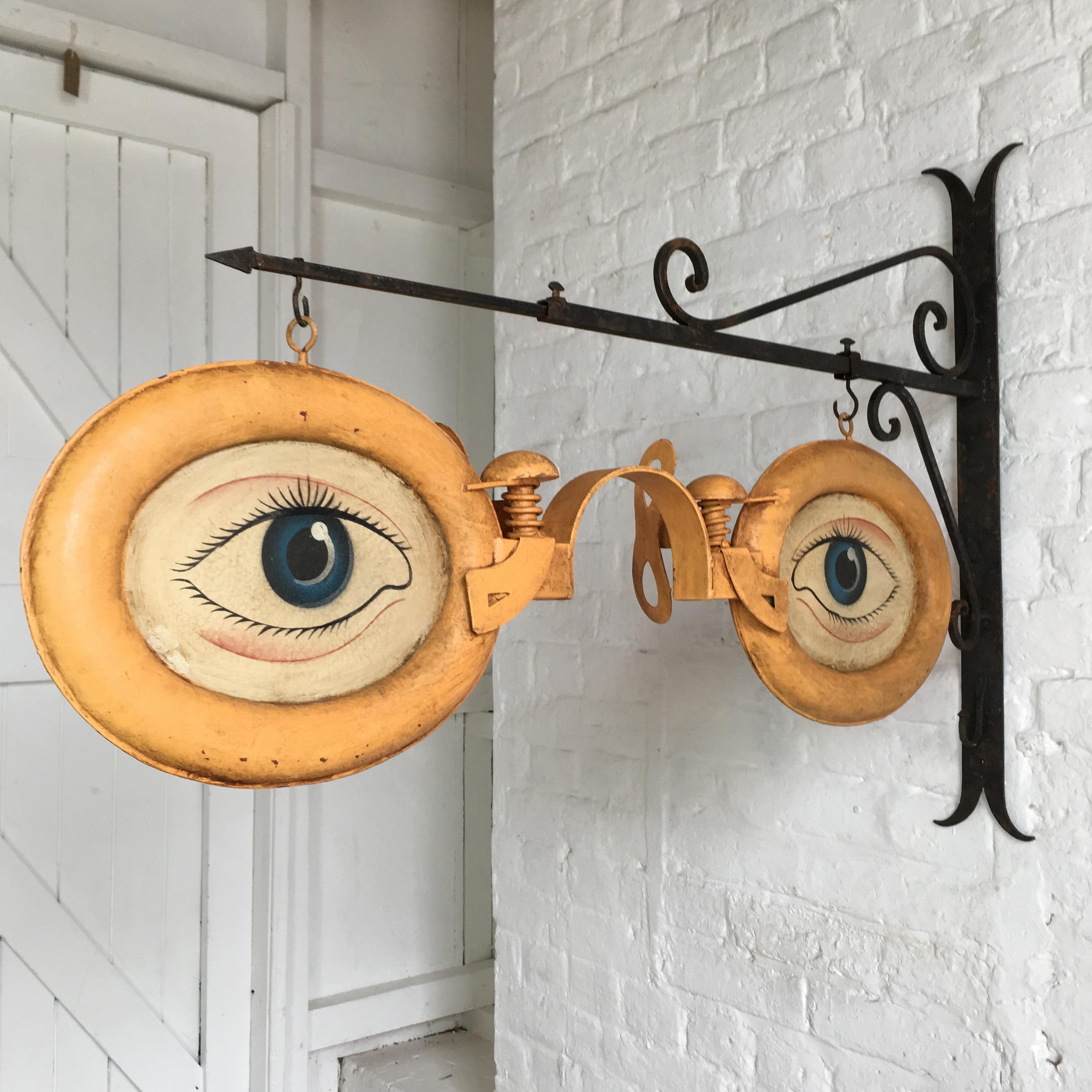 
Antique trade advertising sign for an opticians or optometrist
circa 1900-1930
France
Double sided large cast zinc glasses with hand painted eyes, same both sides
The eyes hang on the original adjustable iron wall bracket
Rare and collectable
