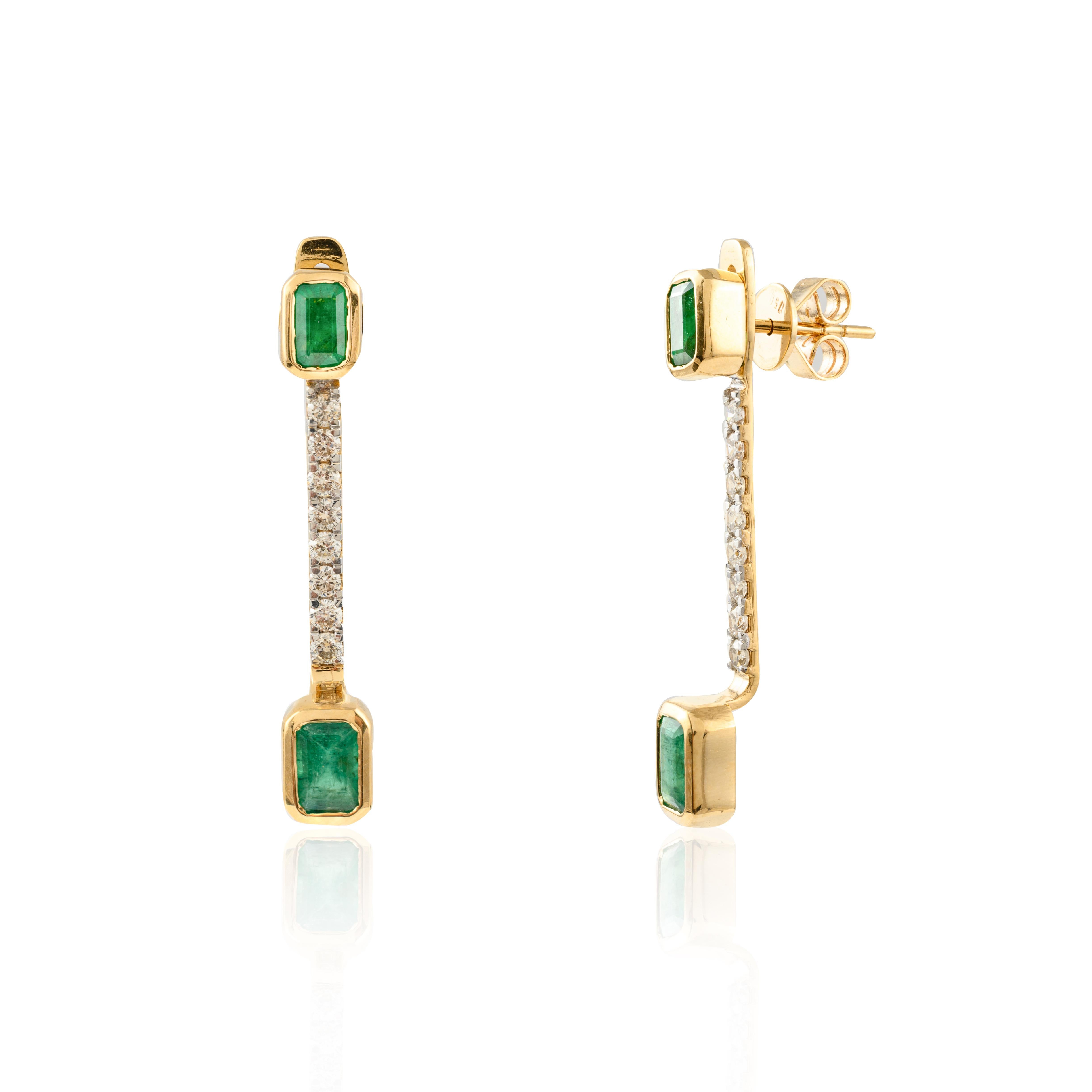 Art Deco Opulence Earrings, Emerald Diamond Dangle Earrings in 18k Solid Yellow Gold For Sale