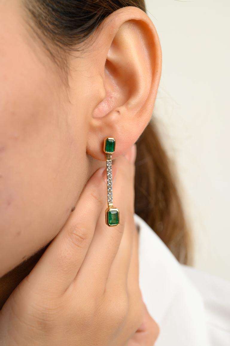 Octagon Cut Opulence Earrings, Emerald Diamond Dangle Earrings in 18k Solid Yellow Gold For Sale