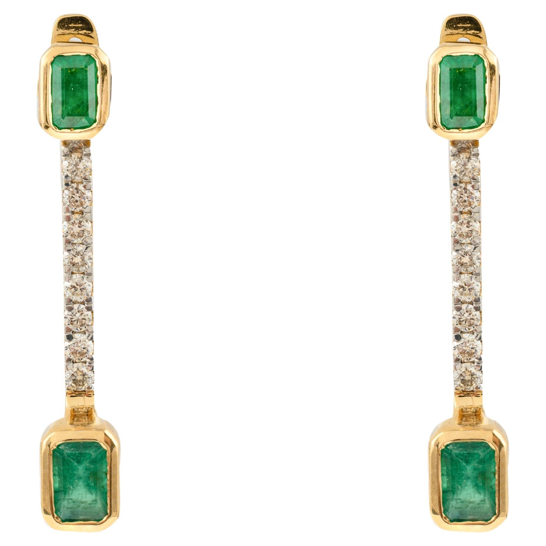 Opulence Earrings, Emerald Diamond Dangle Earrings in 18k Solid Yellow Gold For Sale