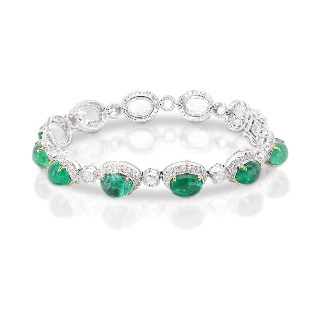 Round Cut Opulent 14K White Gold Emerald and Diamond Cabochon Bracelet