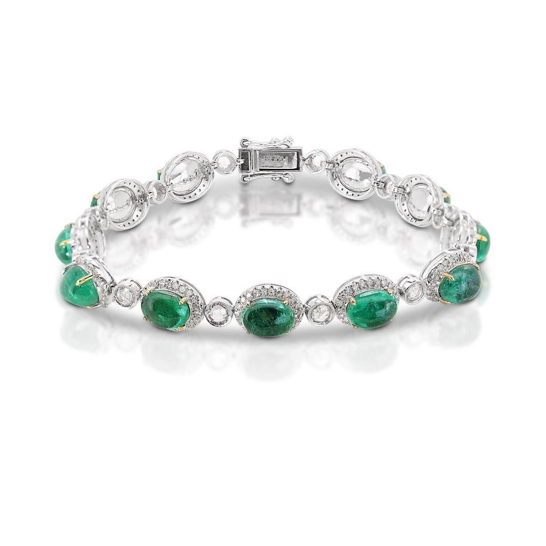 Women's Opulent 14K White Gold Emerald and Diamond Cabochon Bracelet
