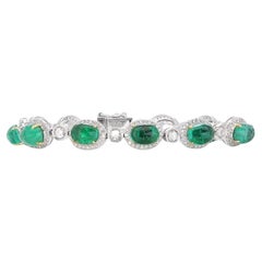 Opulent 14K White Gold Emerald and Diamond Cabochon Bracelet