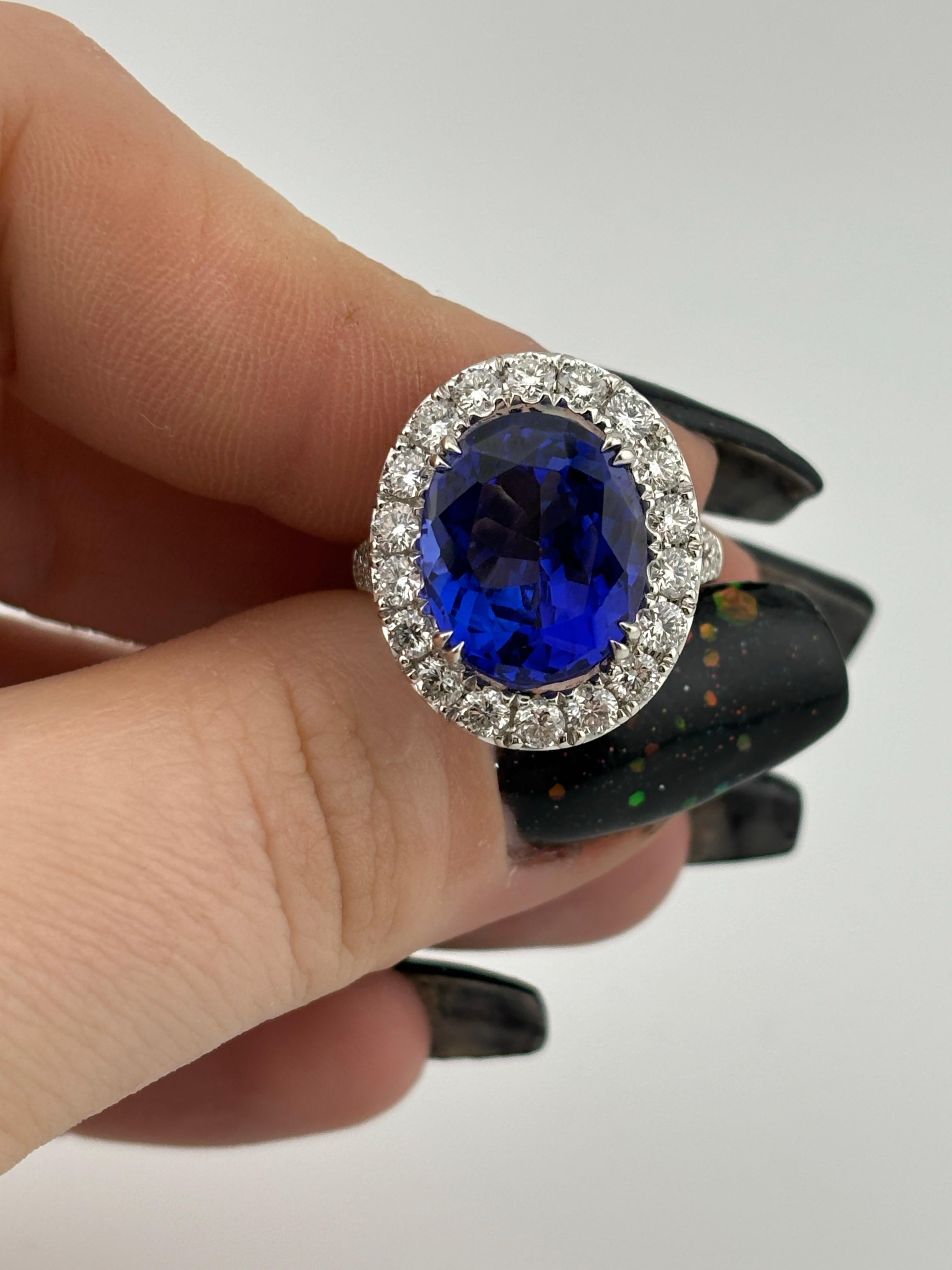Opulent 18k White Gold Tanzanite & Diamond Halo Cocktail Ring For Sale 7