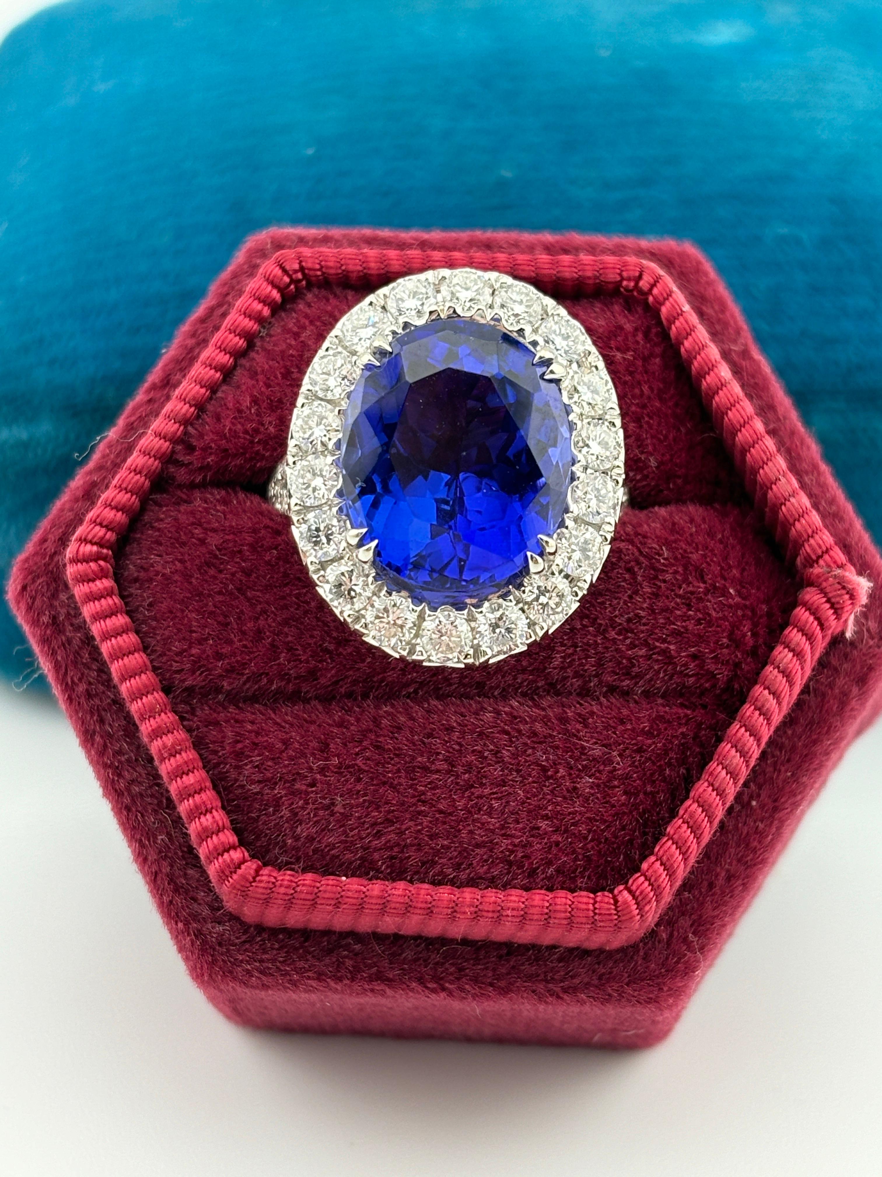 Opulent 18k White Gold Tanzanite & Diamond Halo Cocktail Ring For Sale 8