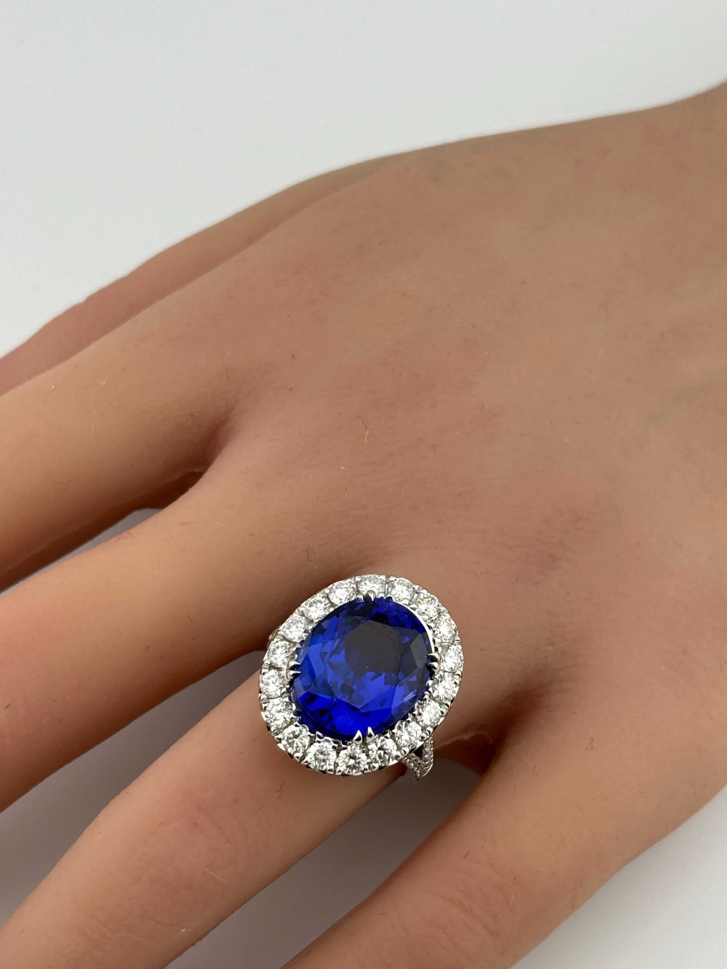 Opulent 18k White Gold Tanzanite & Diamond Halo Cocktail Ring For Sale 2