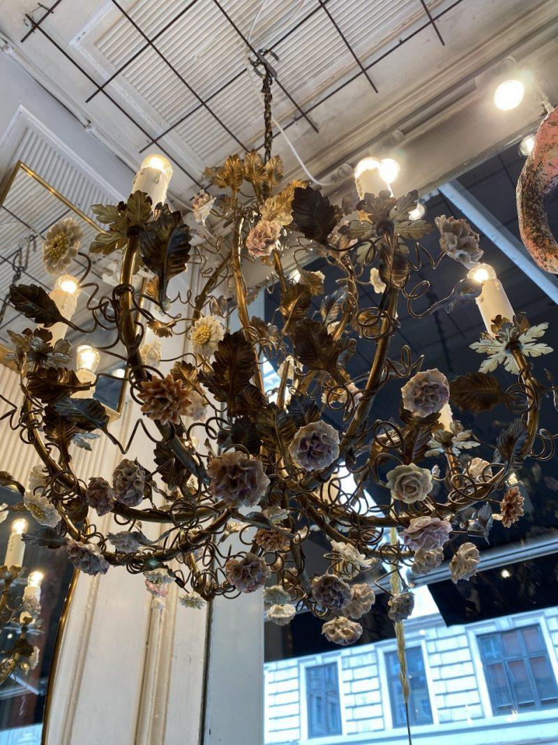 Opulent 1930s Gilded Metal Chandelier, Florals and Foliage-1930s France 7