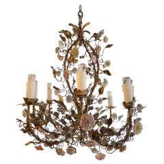 Antique Opulent 1930s Gilded Metal Chandelier, Florals and Foliage-1930s France