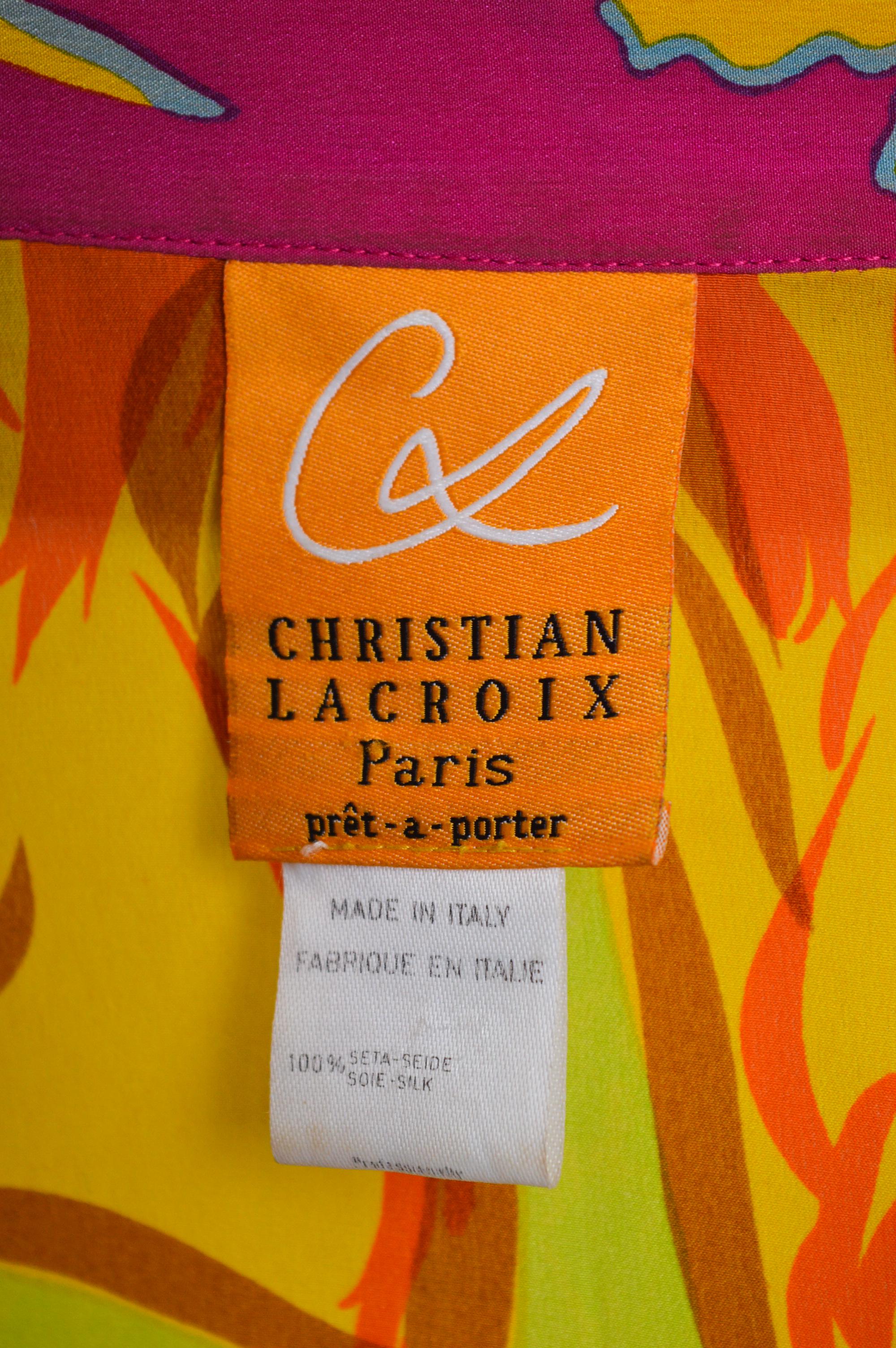 Opulent 1990's Christian Lacroix Loud Colourful Pure Silk 1990's Open Blouse For Sale 9