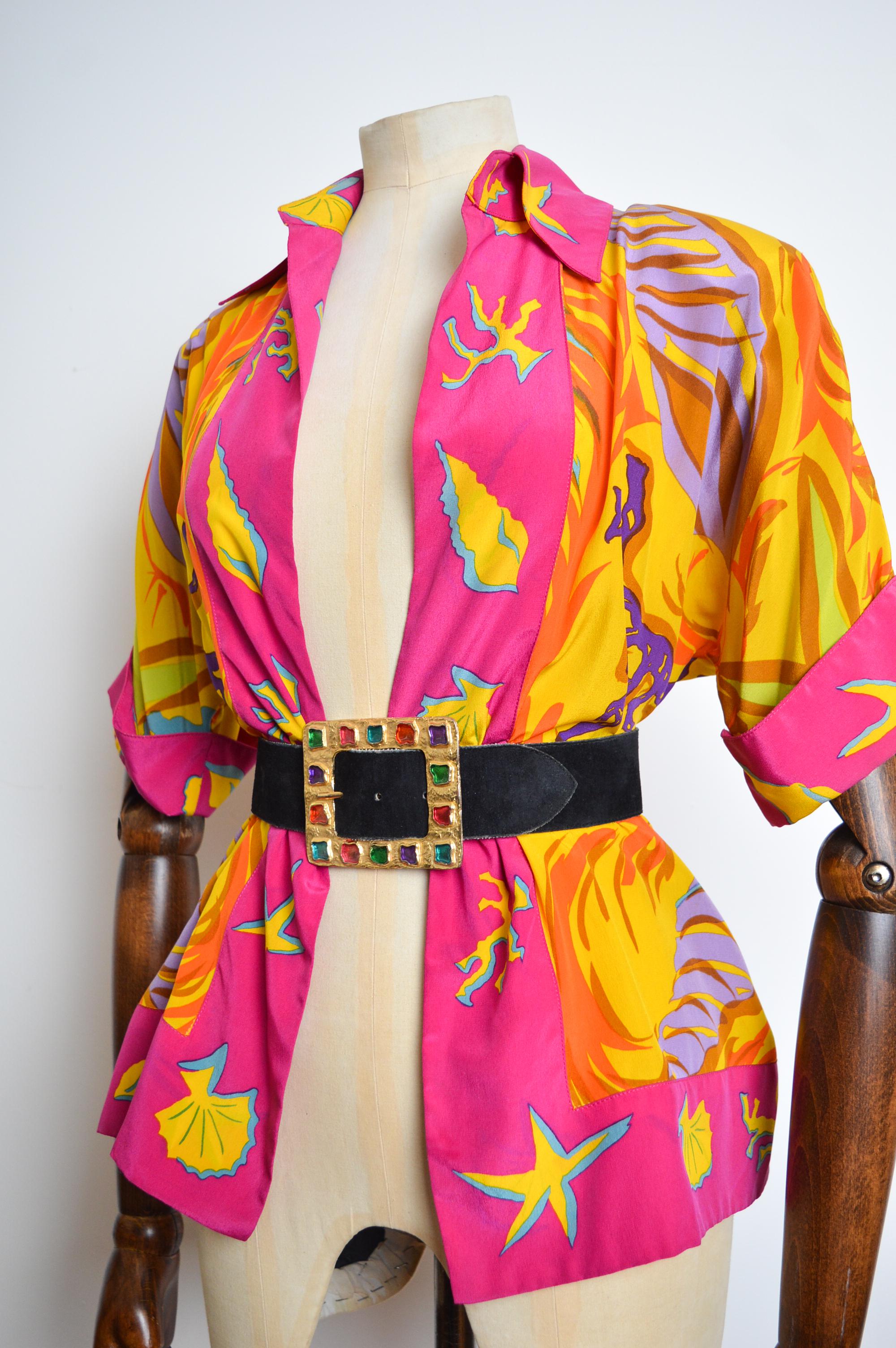 Opulent 1990's Christian Lacroix Loud Colourful Pure Silk 1990's Open Blouse In Good Condition For Sale In Sheffield, GB
