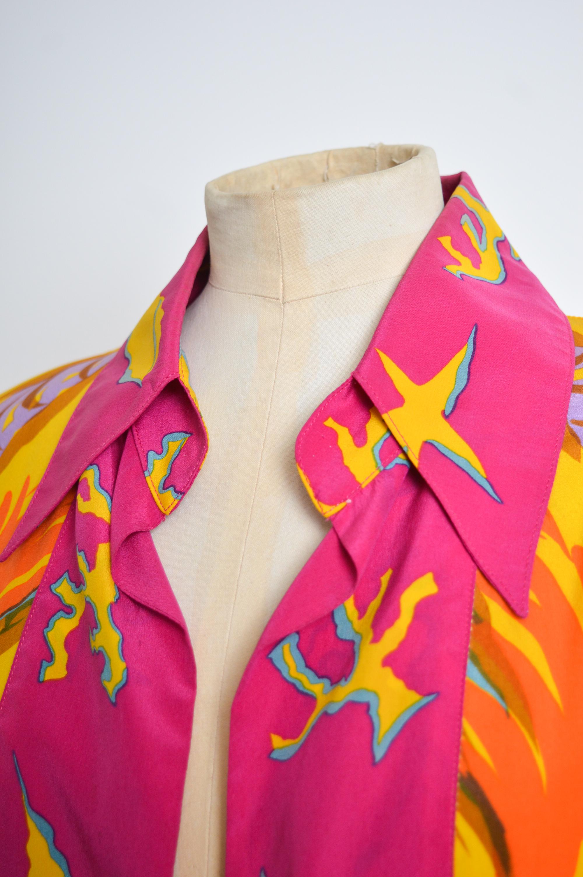 Opulent 1990's Christian Lacroix Loud Colourful Pure Silk 1990's Open Blouse For Sale 1