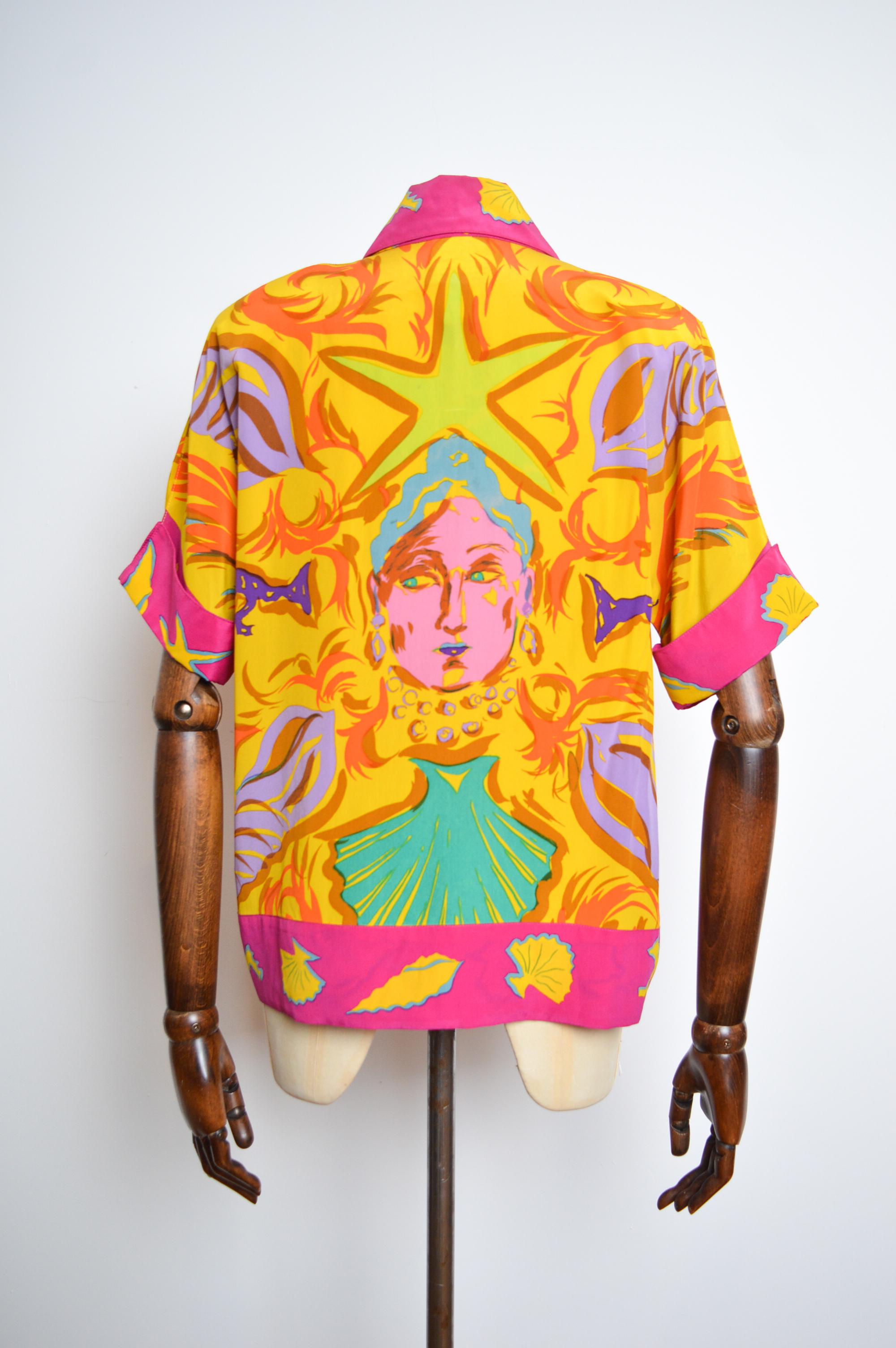 Opulent 1990's Christian Lacroix Loud Colourful Pure Silk 1990's Open Blouse For Sale 4