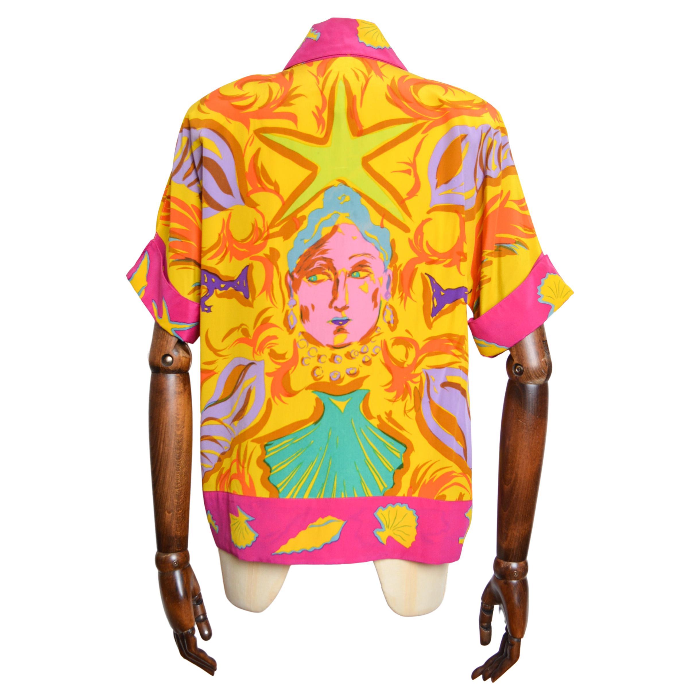 Opulenta camicetta aperta in pura seta degli anni '90 di Christian Lacroix, dai colori forti in vendita