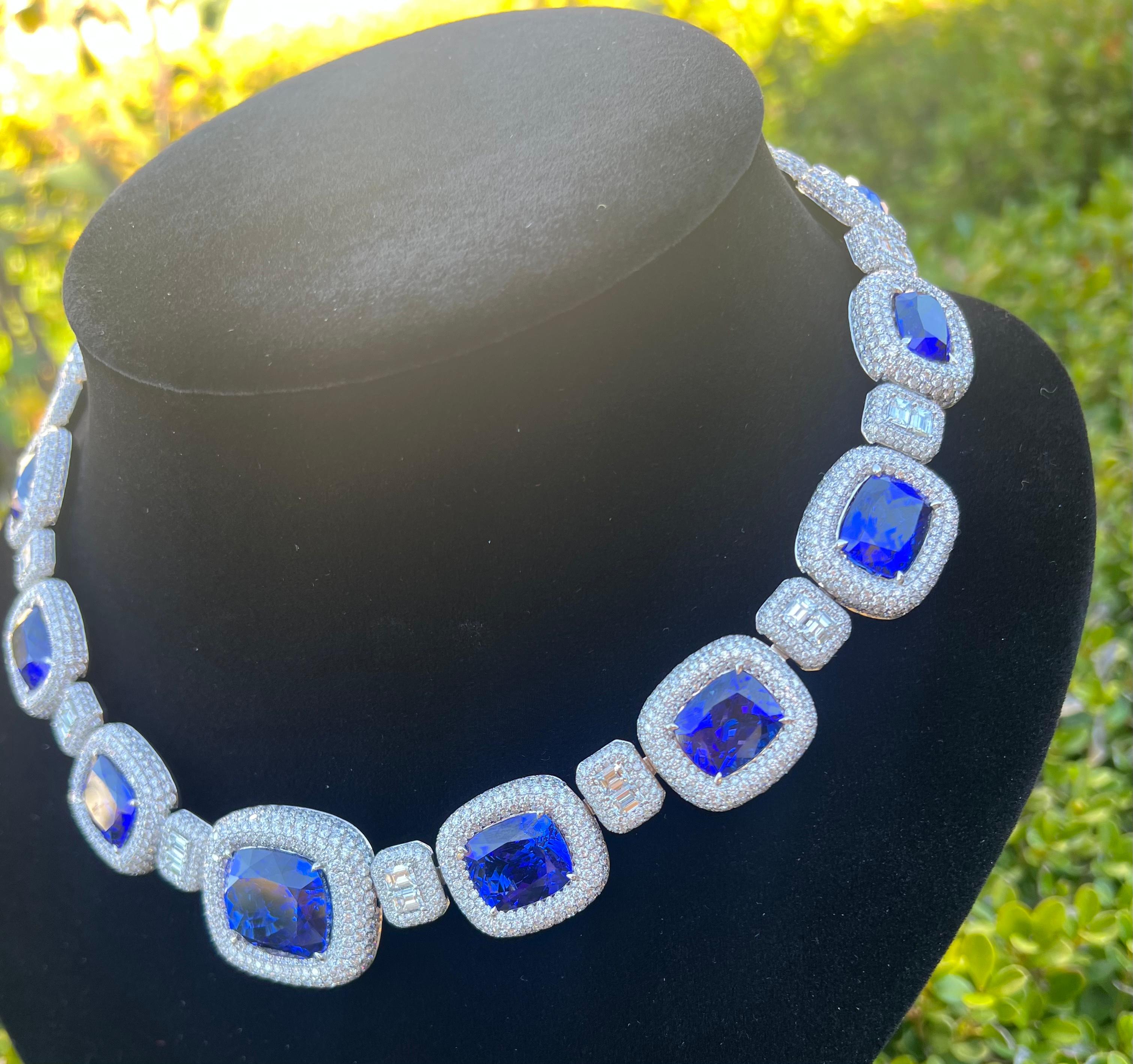 Opulent 211 Carat AAAA Intense Blue Tanzanite and Diamond 18 Karat Gold Necklace 7
